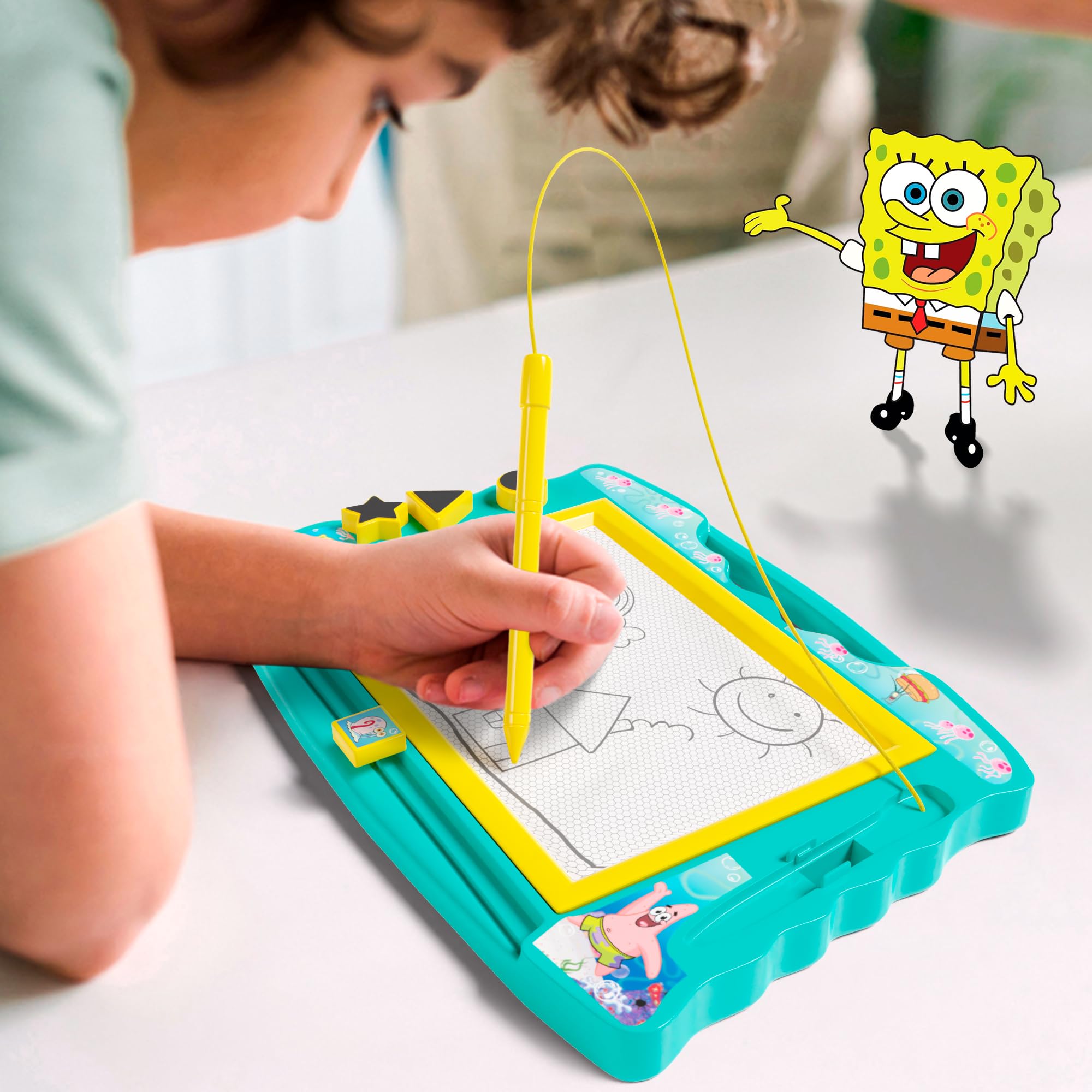 SpongeBob SquarePants Magnetic Drawing Board for Kids - Reusable Doodle Board with Stylus & 3 Stamps - Fun Educational Toy for Boys & Girls - Perfect for Travel, Car Rides & Home Playtime
