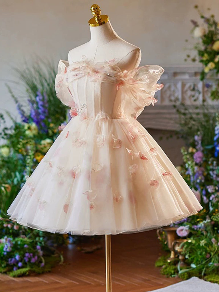 Elegant A-Line Off Shoulder Tulle Short Champagne Prom Dress | Cute Homecoming Party Gown for Teens | Perfect for Dances, Formals & Special Occasions