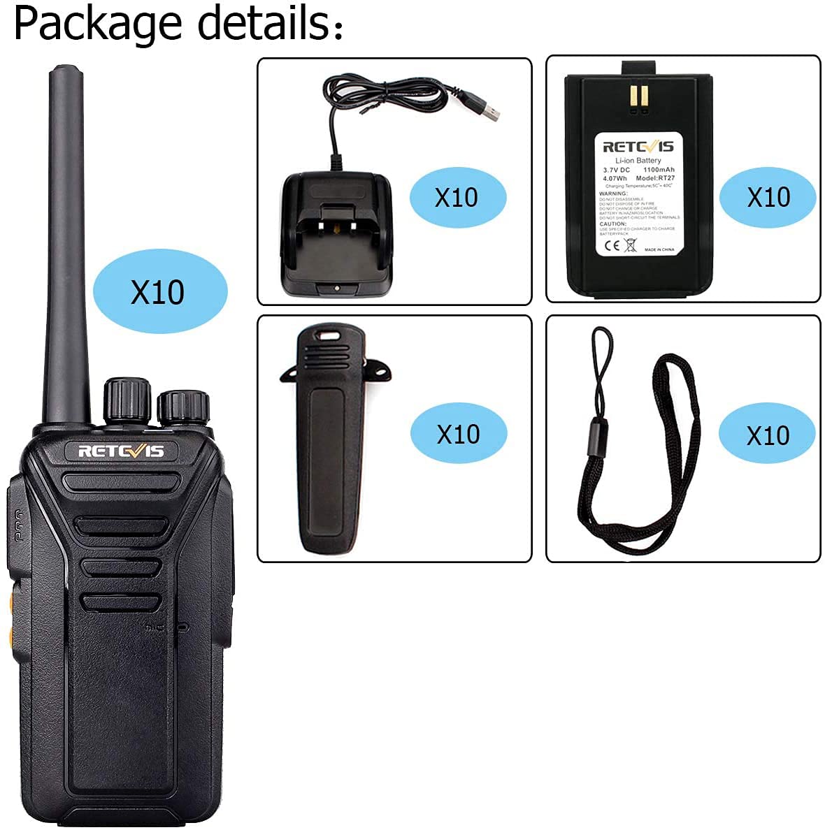 Retevis RT27 Professional PMR446 16-Channel Walkie Talkies - Rechargeable Long Range Two Way Radios with Earpiece (10 Pack, Black) - Ideal for School Communication, Retail Staff, Security Teams & Outdoor Activities