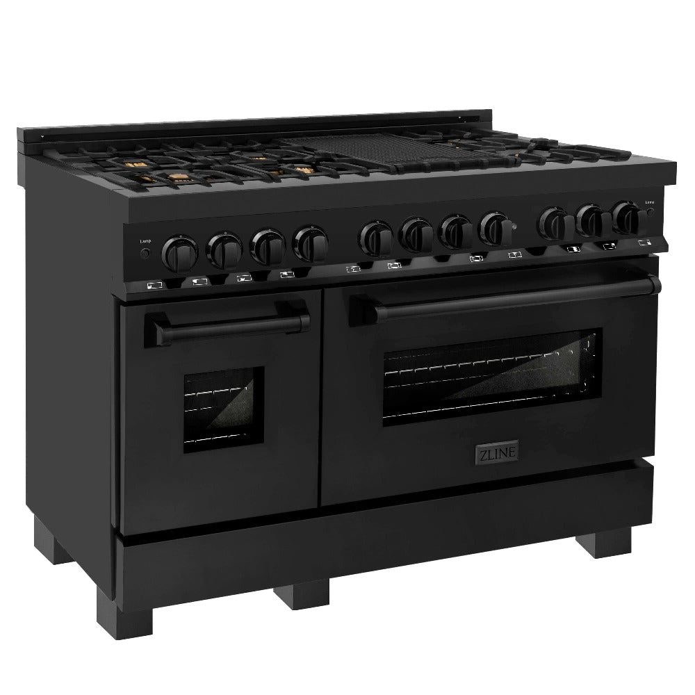 ZLINE 48-Inch Black Stainless Steel Kitchen Package - 5KPR Dual Fuel Range, RABRH48 Range Hood, MWDWV Microwave Drawer & 24
