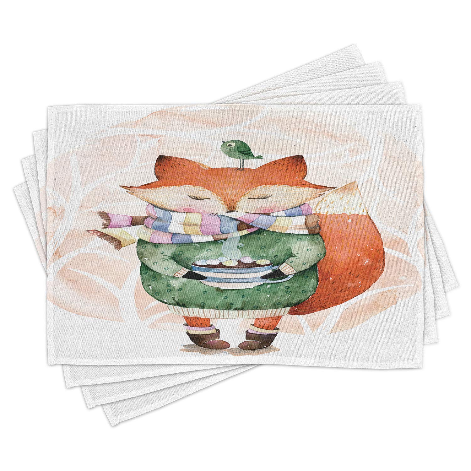 Ambesonne 4-Pack Animal Placemats - Fox & Bird Tea Time Friends Design, Washable Fabric Dining Table Mats, Standard Size (Orange & Green) - Perfect for Kitchen, Breakfast Nook, and Dinner Parties