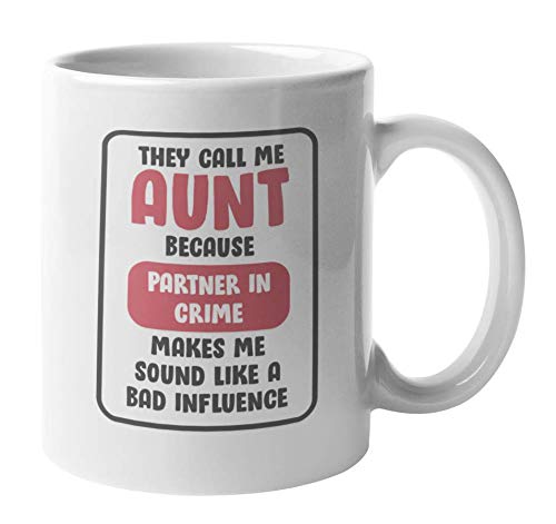 Funny Coffee Mug for Cool Aunts - 11oz Ceramic Tea Cup with 'Partner in Crime' Quote - Perfect Gift for Auntie Birthday, Christmas & Mother's Day - Great for Coffee, Tea & Hot Chocolate at Home or Office