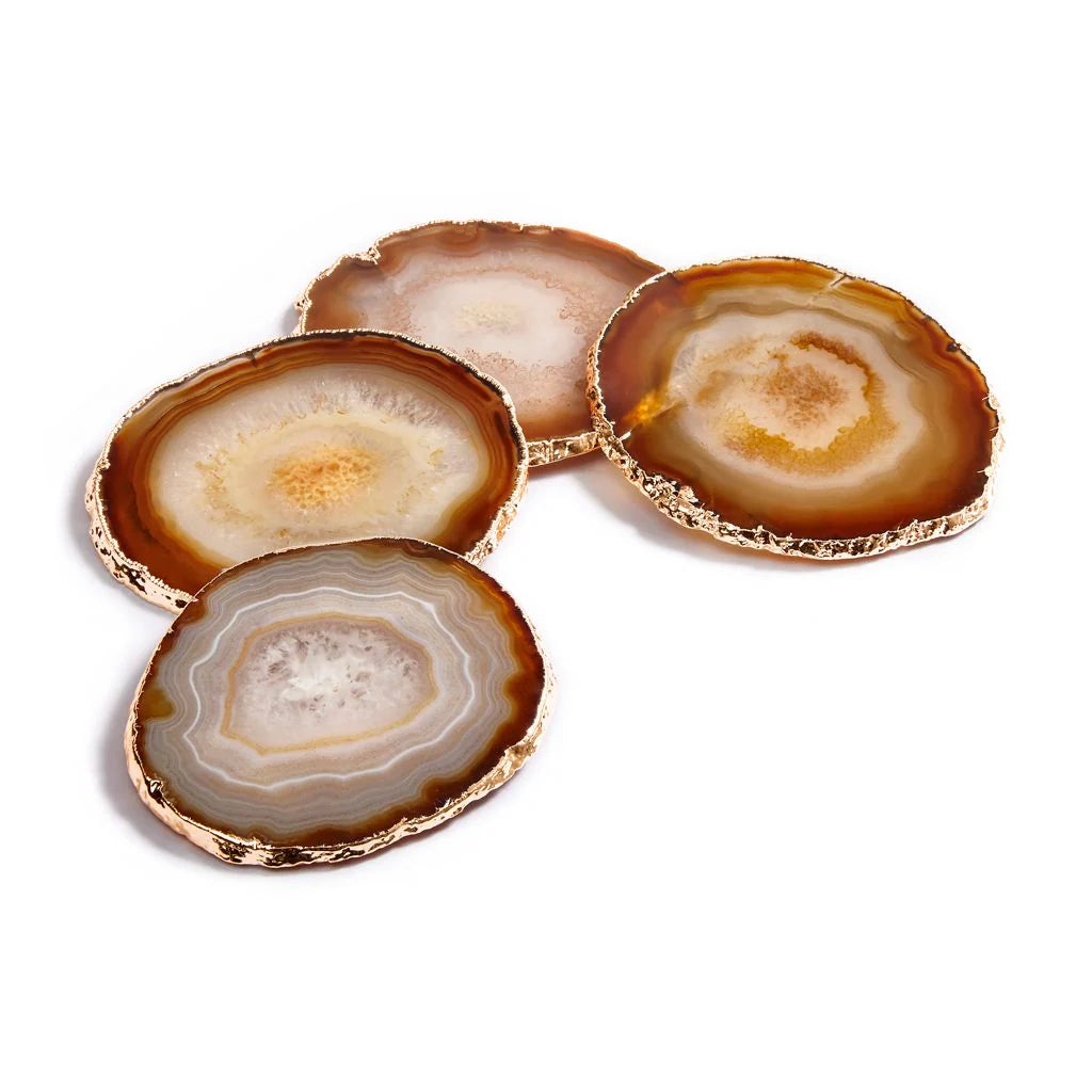Premium Sand Agate & Gold Coasters Set of 4 - Elegant Drink Protectors for Coffee Tables, Bar Countertops & Home Decor - Natural Stone Coasters for Hot & Cold Beverages
