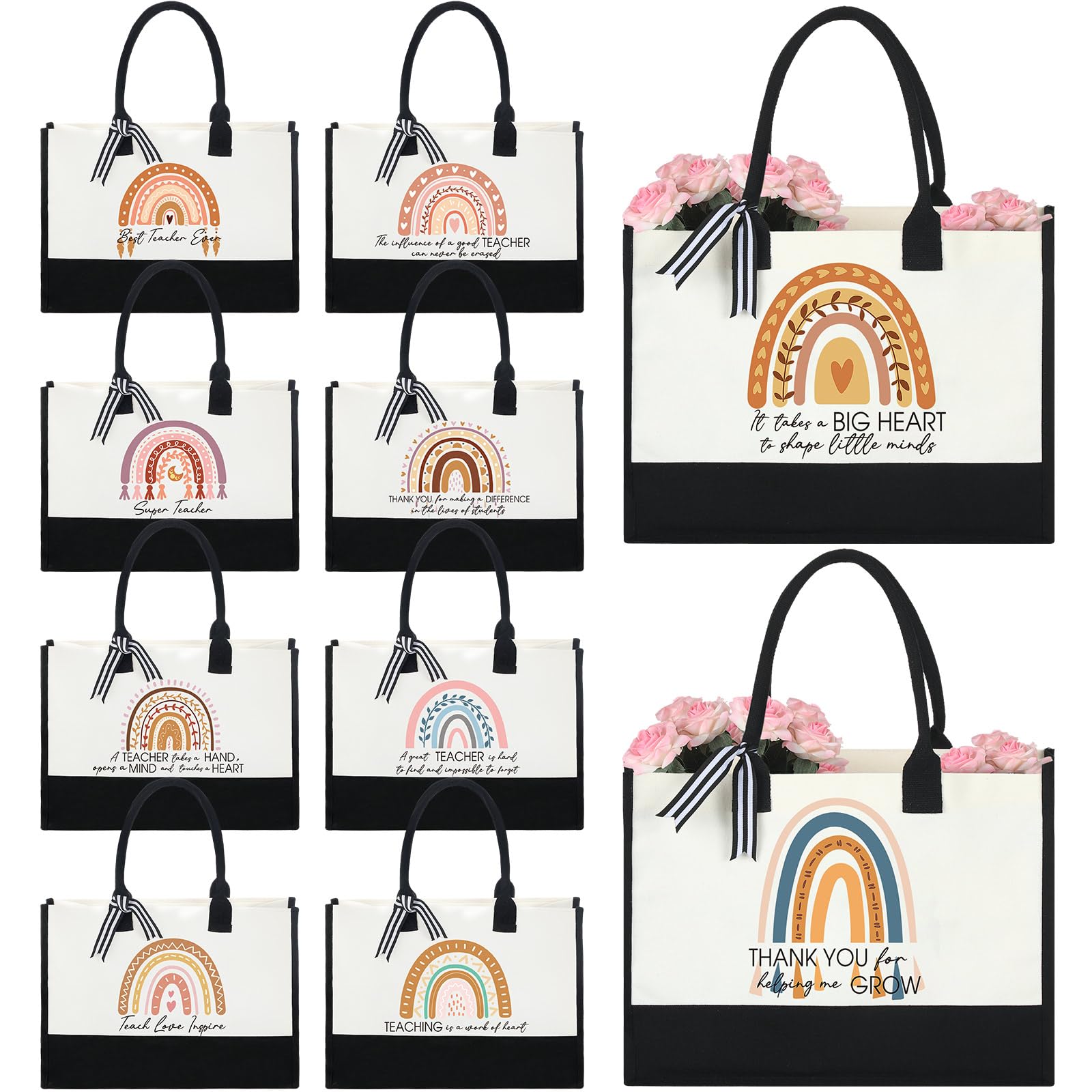 Sweetude 10 Pack Rainbow Canvas Tote Bags - Bulk Teacher Appreciation Gifts for Women, Perfect for Teachers Day, Holiday & Christmas Presents - Ideal for School, Beach, Shopping & Daily Use