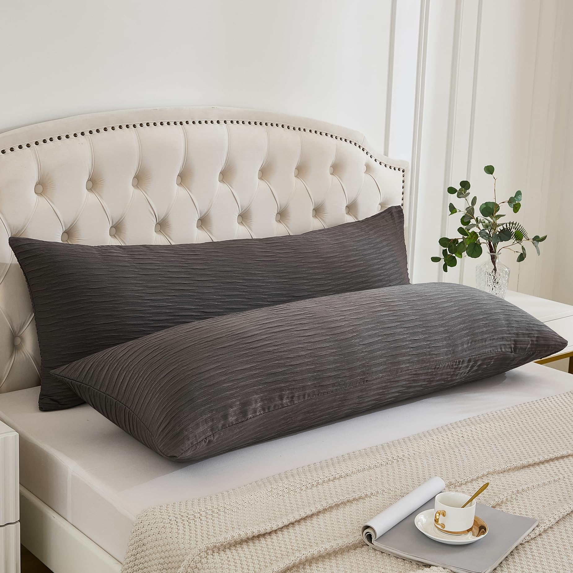 Seersucker Crinkle Textured Body Pillow Covers - 2 Pack Soft Lightweight All-Season Pillow Cases (20x54 Inches, Gray) for Bedroom, Couch, Sofa & Travel Comfort
