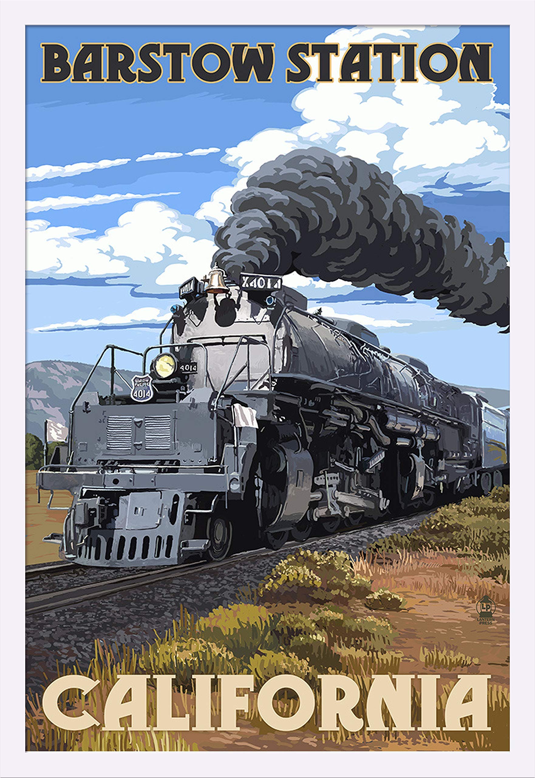 Barstow Station California Steam Locomotive 56112 - 24x36 Giclee Art Print Gallery Framed in White Wood - Vintage Railroad Decor for Home, Office & Man Cave