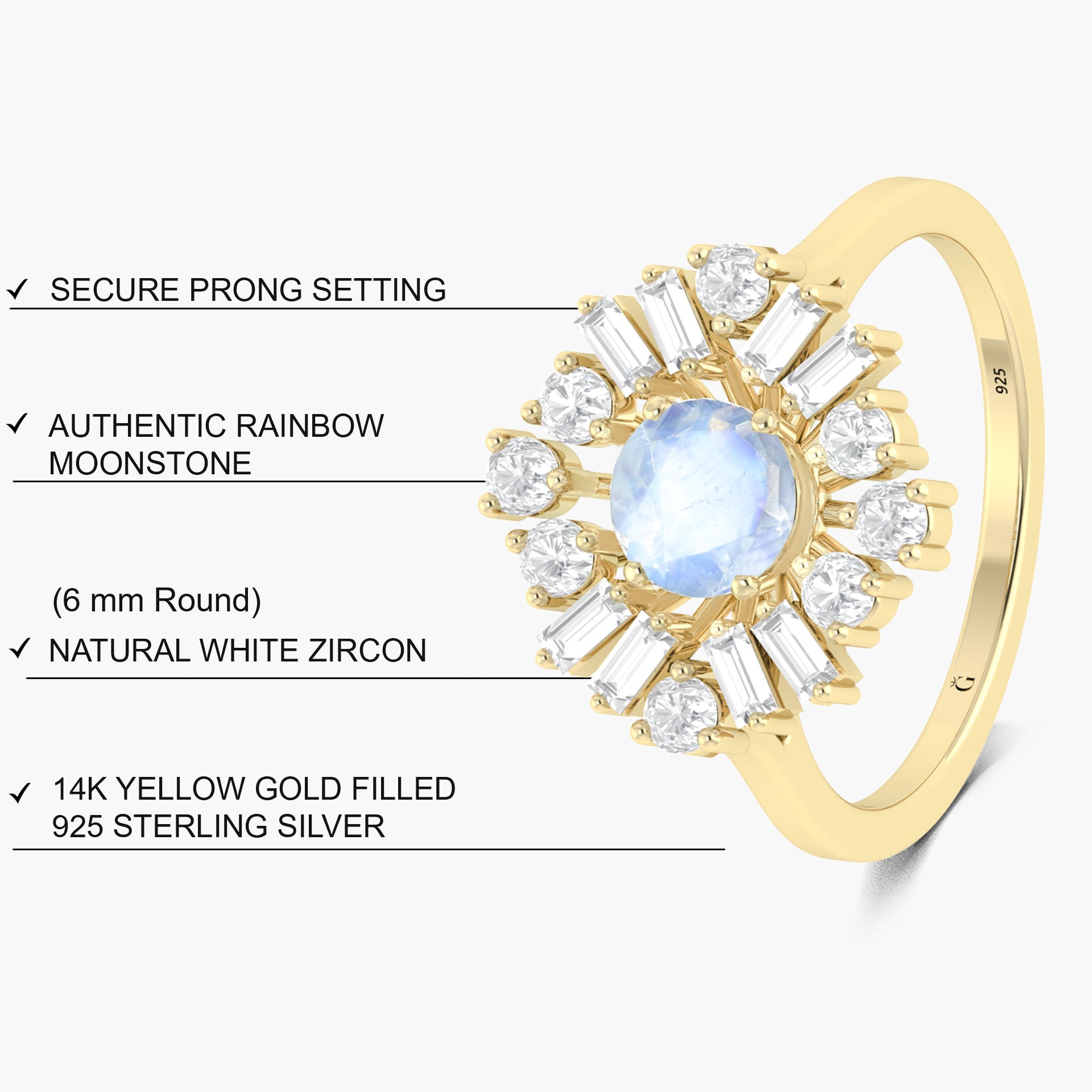 Round White Rainbow Moonstone & Cubic Zirconia Sterling Silver Ring for Women | Elegant Boho Wedding Engagement Gift | Perfect for Bridal, Anniversary & Special Occasions