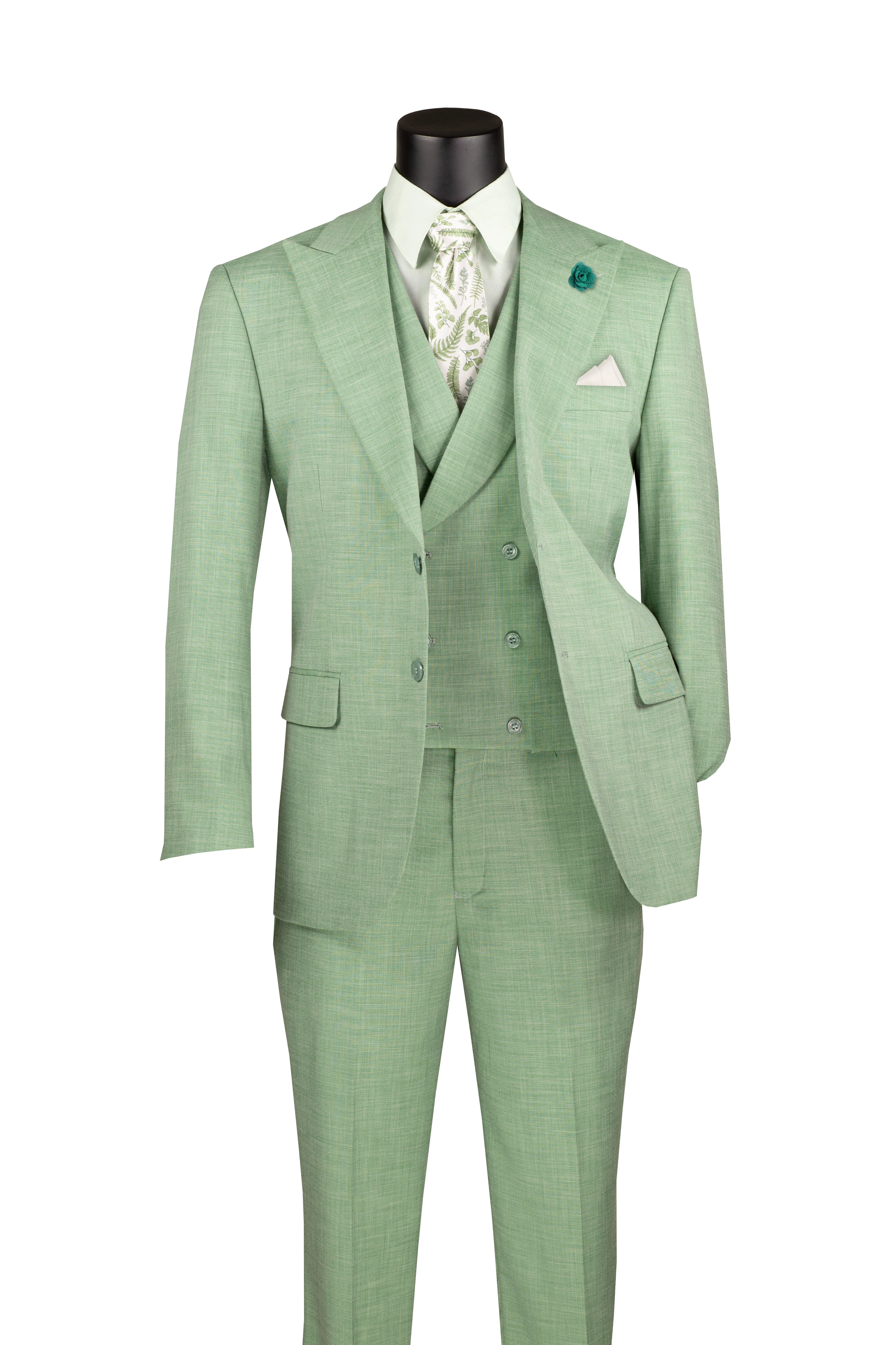 Light Green Modern Fit 3 Piece Suit with Lapel Vest & Adjustable Pants for Men | Business Formal Attire, Wedding, Office & Special Occasions