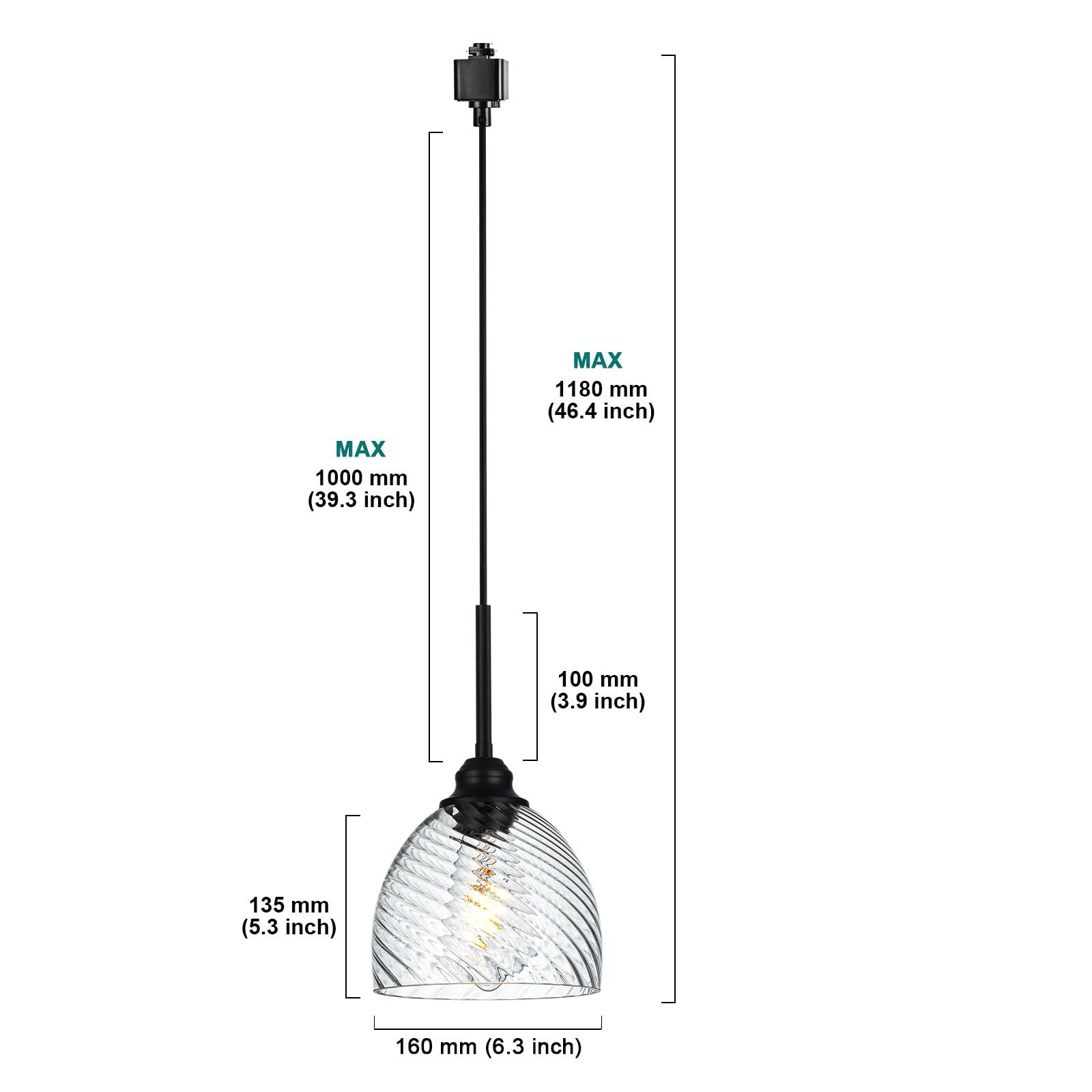 3-Pack Black Modern H Track Pendant Lights with Clear Ribbed Glass Shades - Adjustable Track Lighting Fixtures for Bedroom, Kitchen, Dining Room & Retail Shop | Dimmable LED Compatible