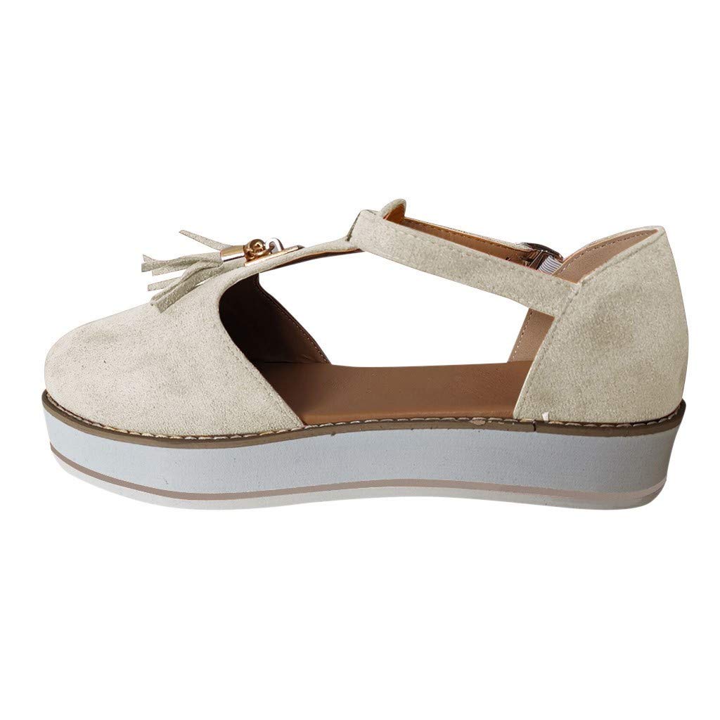 Women's Casual Tassel Round Toe Flat Shoes with Buckle Strap - Thick Sole Comfortable Beach Pumps for Walking, Travel & Summer Outfits