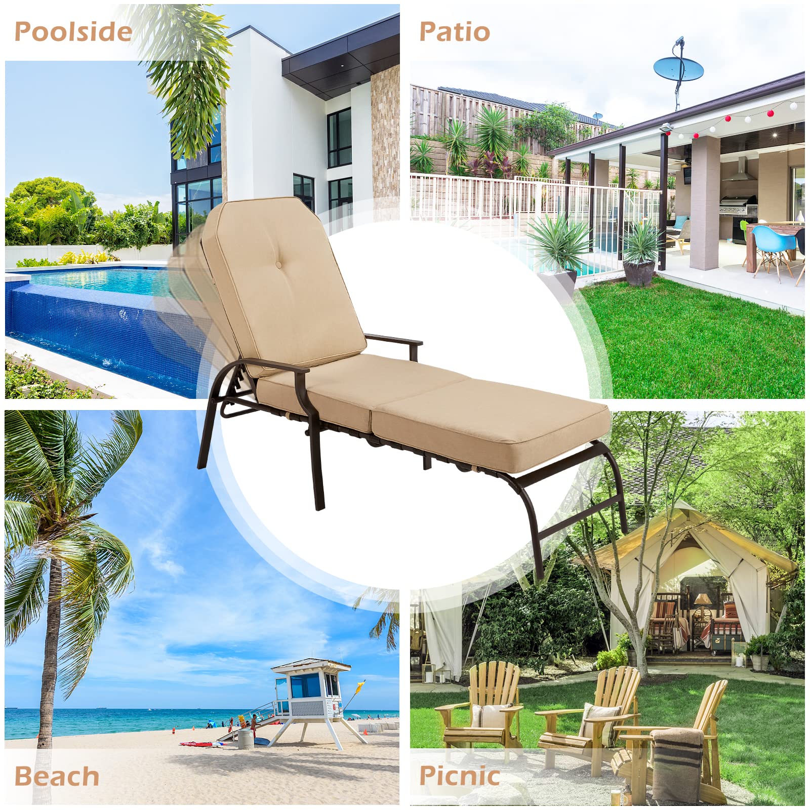 U-MAX Adjustable Outdoor Chaise Lounge Chair - Patio Recliner with Armrest & Cushion - Waterproof & Durable Furniture for Deck, Poolside, Backyard, Beach - Perfect for Sunbathing & Relaxation (Beige, 1 Piece)