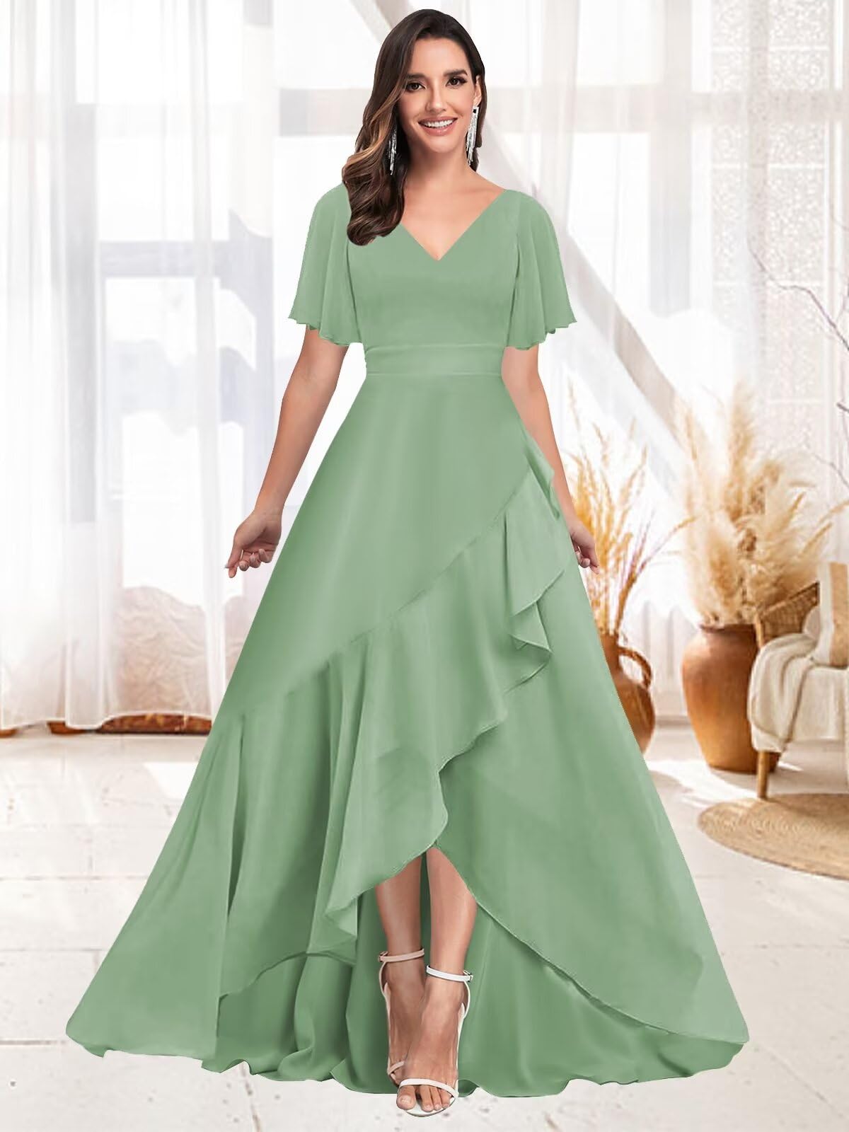 Elegant Ruffle High-Low Bridesmaid Dress with Sleeves - Chiffon V-Neck A-Line Formal Wedding Guest Gown for Women | Perfect for Weddings, Parties & Special Occasions