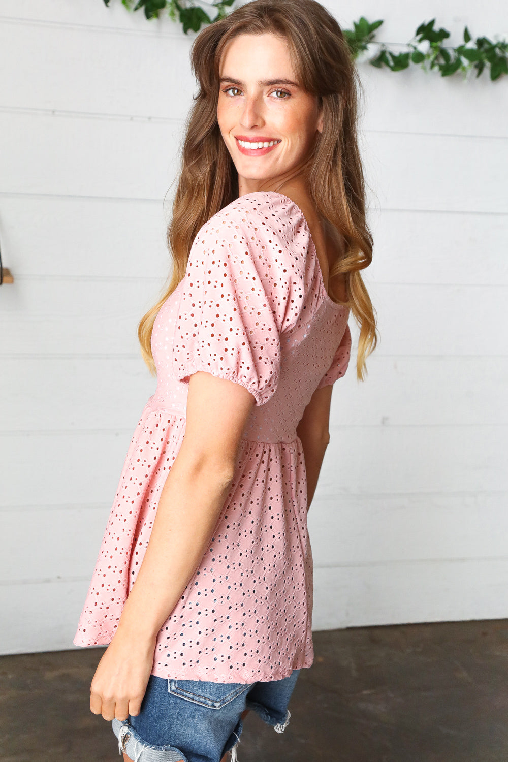 Mauve Eyelet Puff Sleeve Babydoll Top for Women - Floral Lace Summer Blouse, Cute Casual & Party Wear, Perfect for Dates, Vacations and Outdoor Events