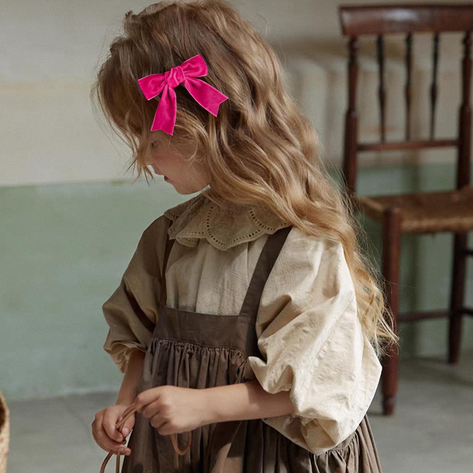 Hot Pink Velvet Hair Bows for Girls - 3