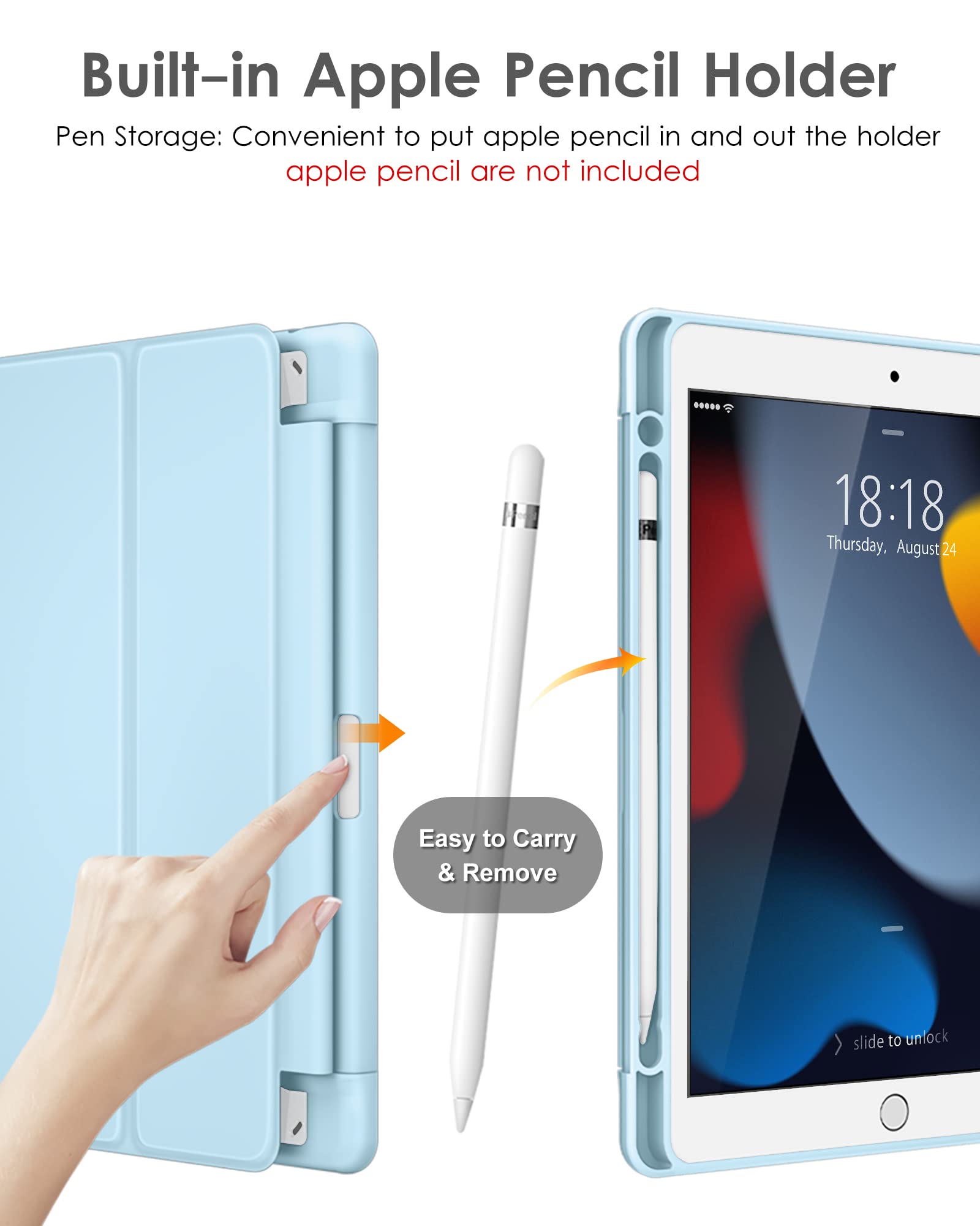 DTTO iPad 9th/8th/7th Generation 10.2 Inch Case - Slim Lightweight Smart Trifold Stand Cover with Hard PC Clear Back & Apple Pencil Holder, Ice Blue - Perfect for Work, School & Travel Protection