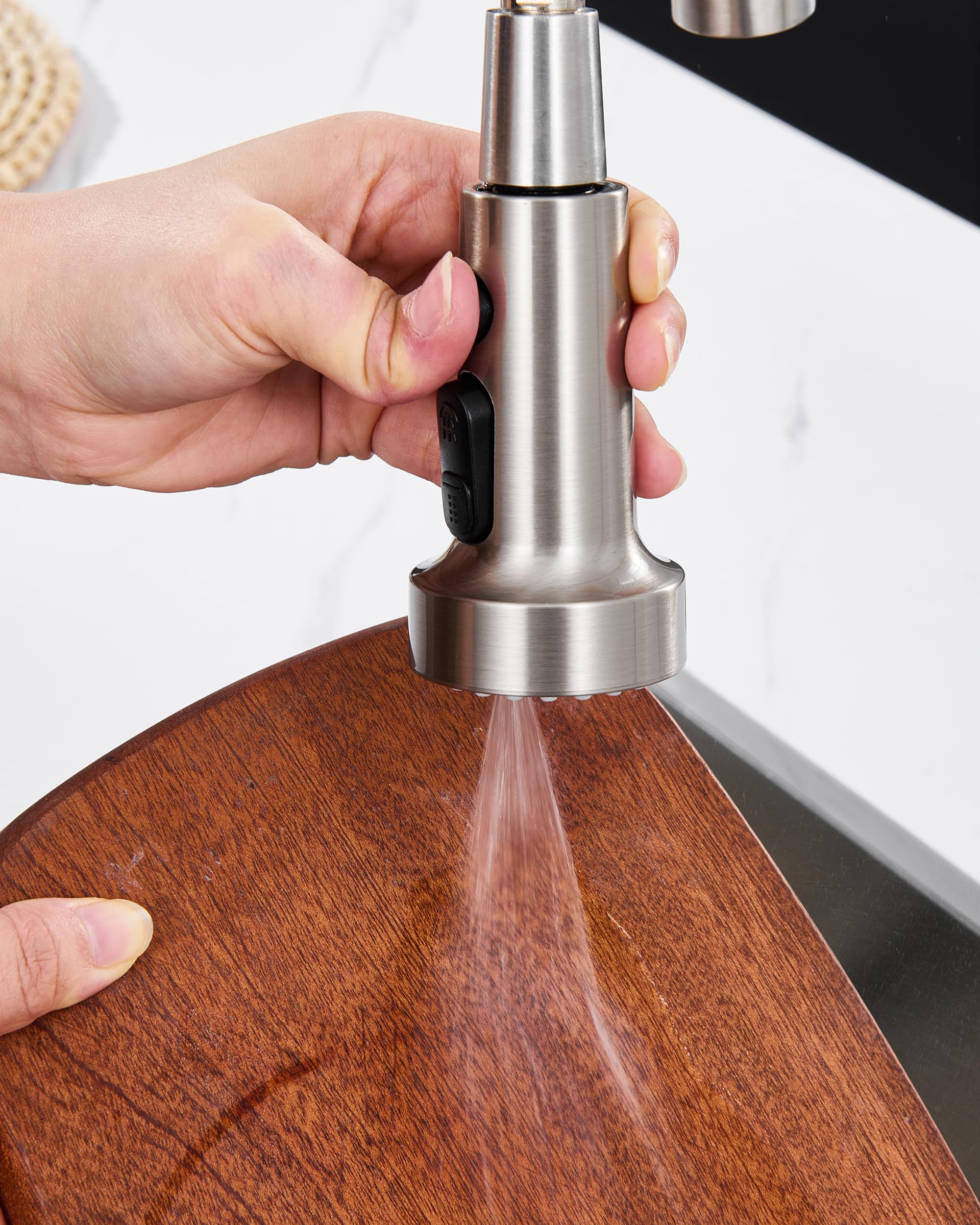 J-HVA 3 Function Pull Down Kitchen Faucet Sprayer Head Replacement with 15 Adapters - Brushed Nickel Pull Out Sink Spray Nozzle for Easy Dishwashing, Vegetable Cleaning & Sink Rinsing