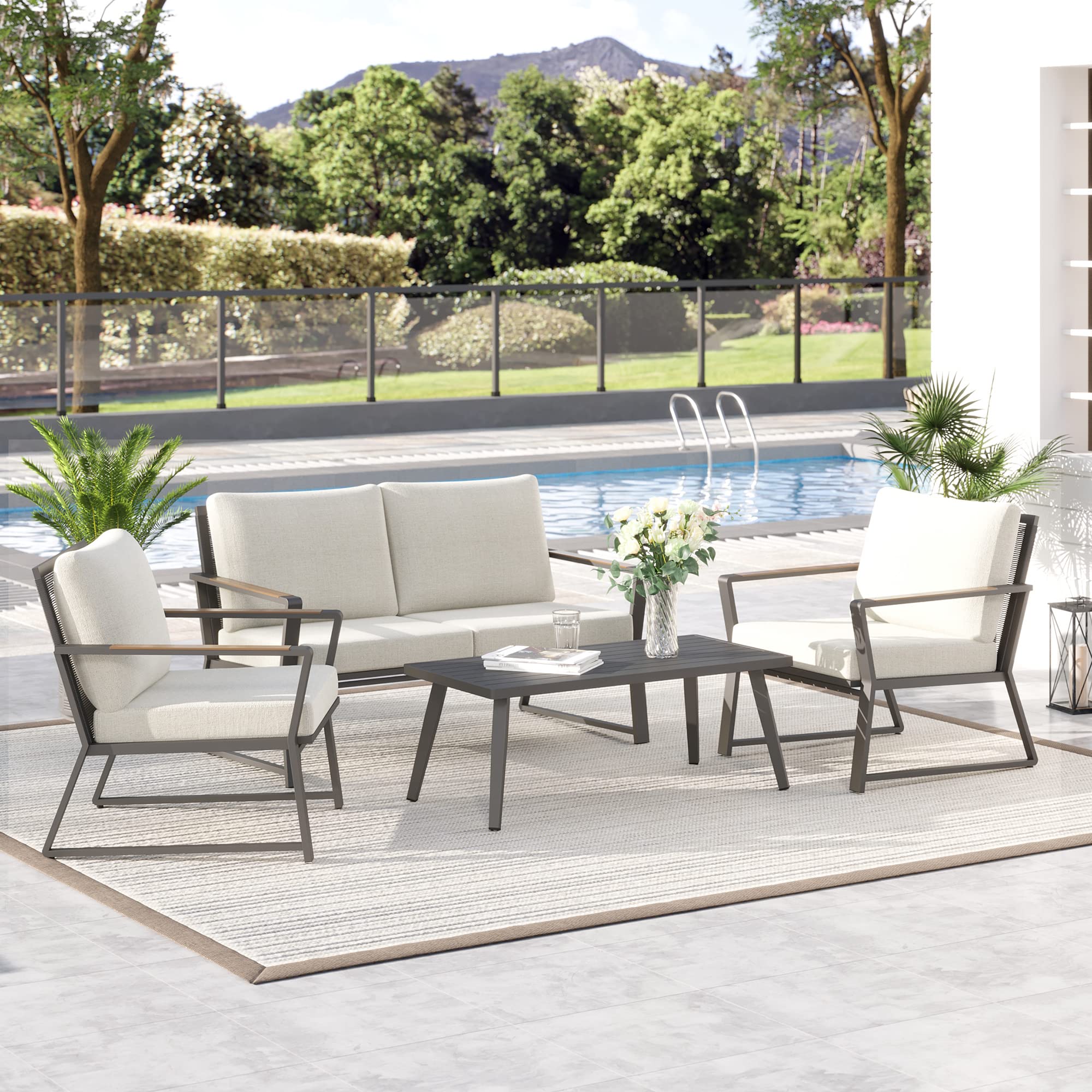 Outsunny 4-Piece Patio Furniture Set - Aluminum Outdoor Conversation Set with Sofa, Armchairs, Coffee Table & Cushions - Cream White - Perfect for Garden, Backyard, Poolside & Patio Relaxation