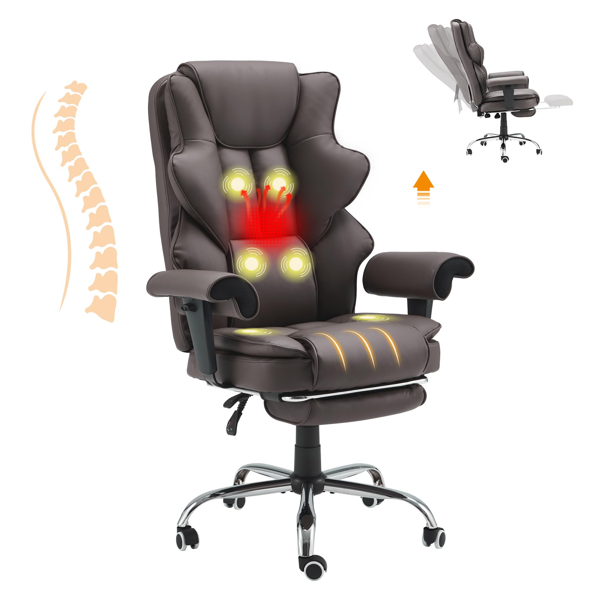 HOMREST 6-Point Massage Executive Office Chair with Heating - Ergonomic Leather Computer Desk Chair, Adjustable Armrests, Retractable Footrest & Reclining Function (Chocolate Brown) - Perfect for Home Office, Gaming & Workspace Comfort