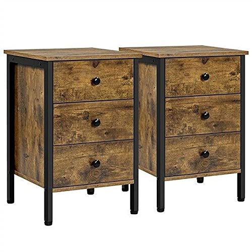 2-Pack Mikalo Industrial 3-Drawer Side Couch Tables - Nightstand Set for Bedroom, Living Room & Office - Sturdy Bedside Tables with Storage Space for Home Furniture Organization