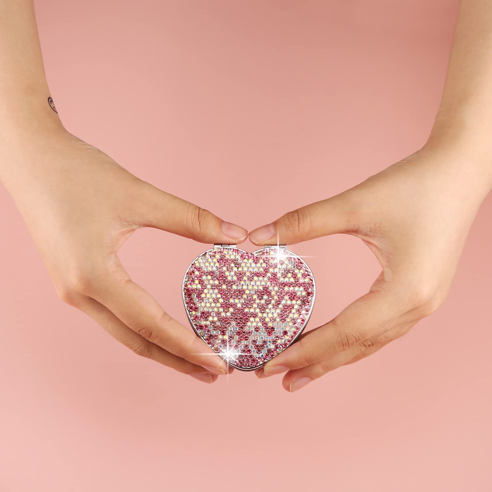 AsAlways Rhinestone Compact Pocket Mirror - Portable Travel Cosmetic Mirror, Folding Handheld Double-Sided 1x/2x Magnifying Purse Mirror for Makeup (Pink) | Perfect for Travel, Home & Office Use