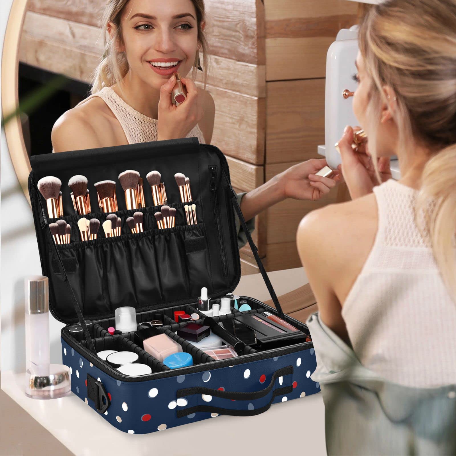 Moyyo Navy Blue Dotted Travel Makeup Bag for Women - Professional Cosmetic Organizer Case with Portable Storage - Perfect for Travel, Salon, and Everyday Makeup Organization