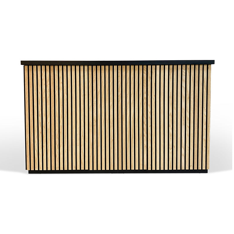 KENTO 180cm Reception Desk with Timber Slat Acoustic Panel in Black & Oak - Perfect for Office Lobby, Hotel Front Desk, and Corporate Waiting Areas