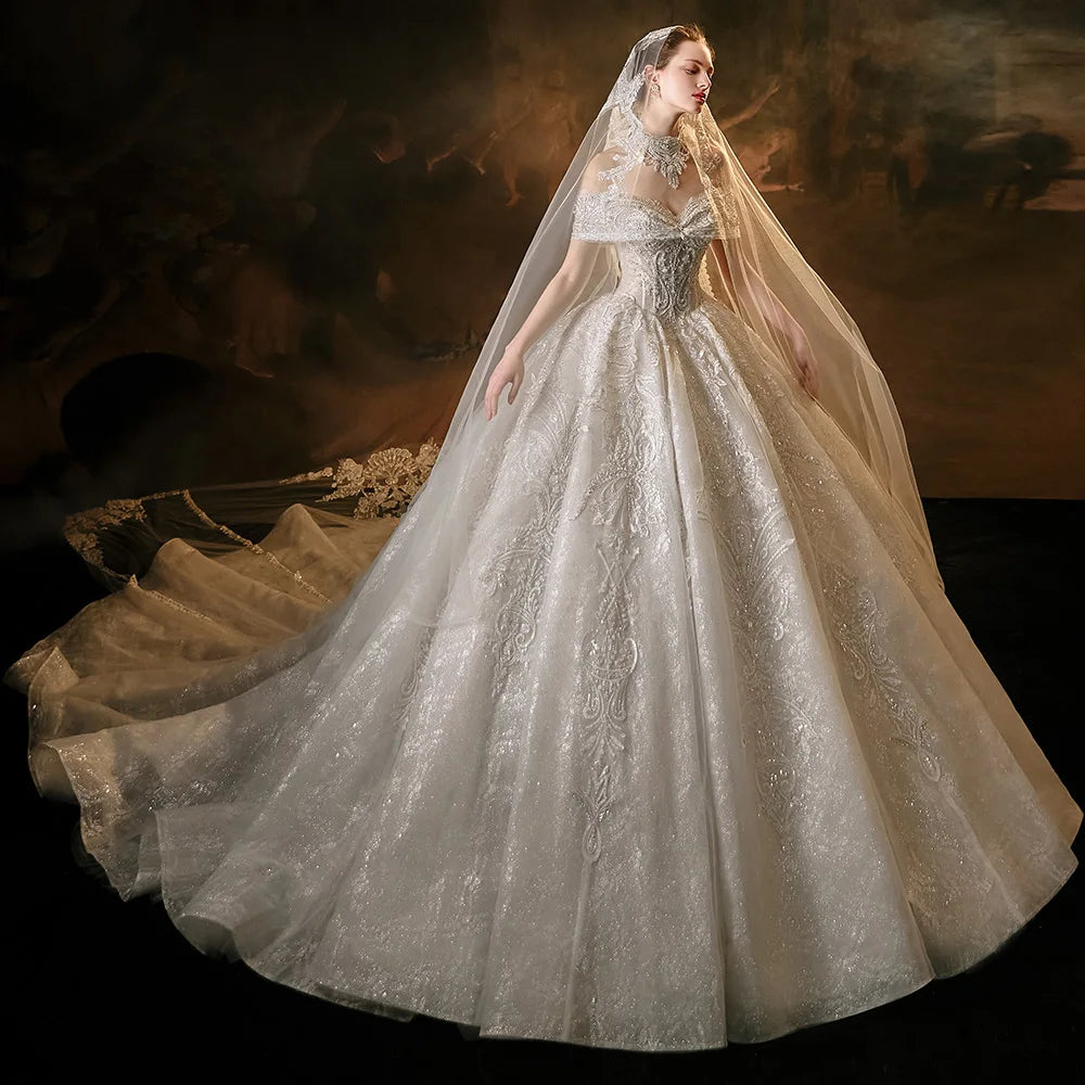 Elegant Princess Wedding Dress with Sequins & Beading - Sweetheart Neckline, Short Sleeves & Lace-Up Back | Perfect for Bridal Showers, Vow Renewals & Fairy Tale Weddings