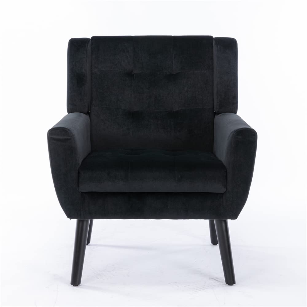 Luxury Velvet Accent Chair - Modern Tufted Wingback Armchair with Solid Wood Legs & Plush Cushion | Comfortable Upholstered Lounge Chair for Living Room, Bedroom or Office | Elegant Black Club Chair for Relaxing & Reading