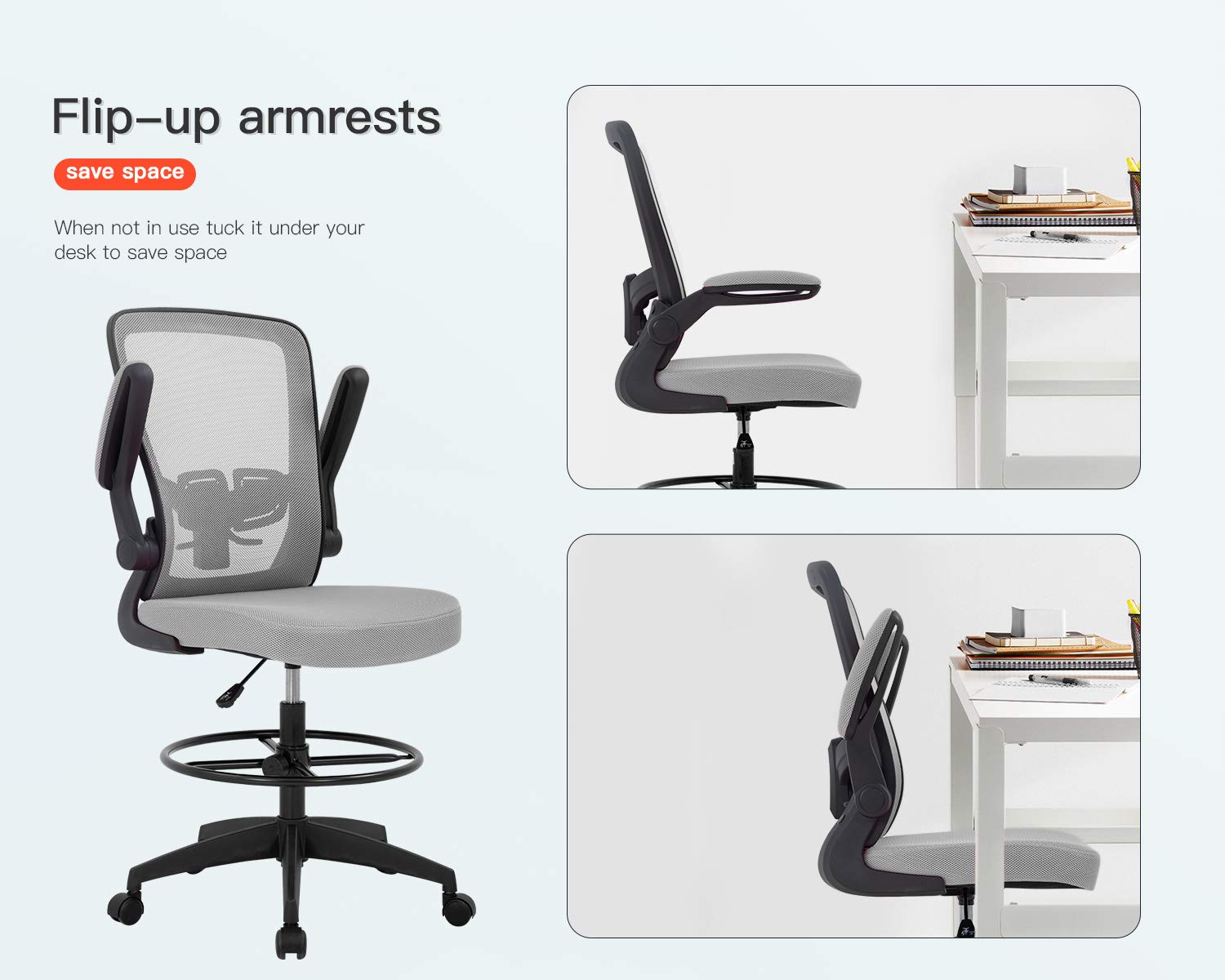 **Ergonomic Drafting Chair - Adjustable Height Office Chair with Lumbar Support, Armrests & Footrest - Mesh Back Swivel Rolling Stool for Standing Desk, Computer Work & Home Office (Grey)**    *(Perfect for Architects, Designers, Gamers & Long-Hour Work Sessions)*