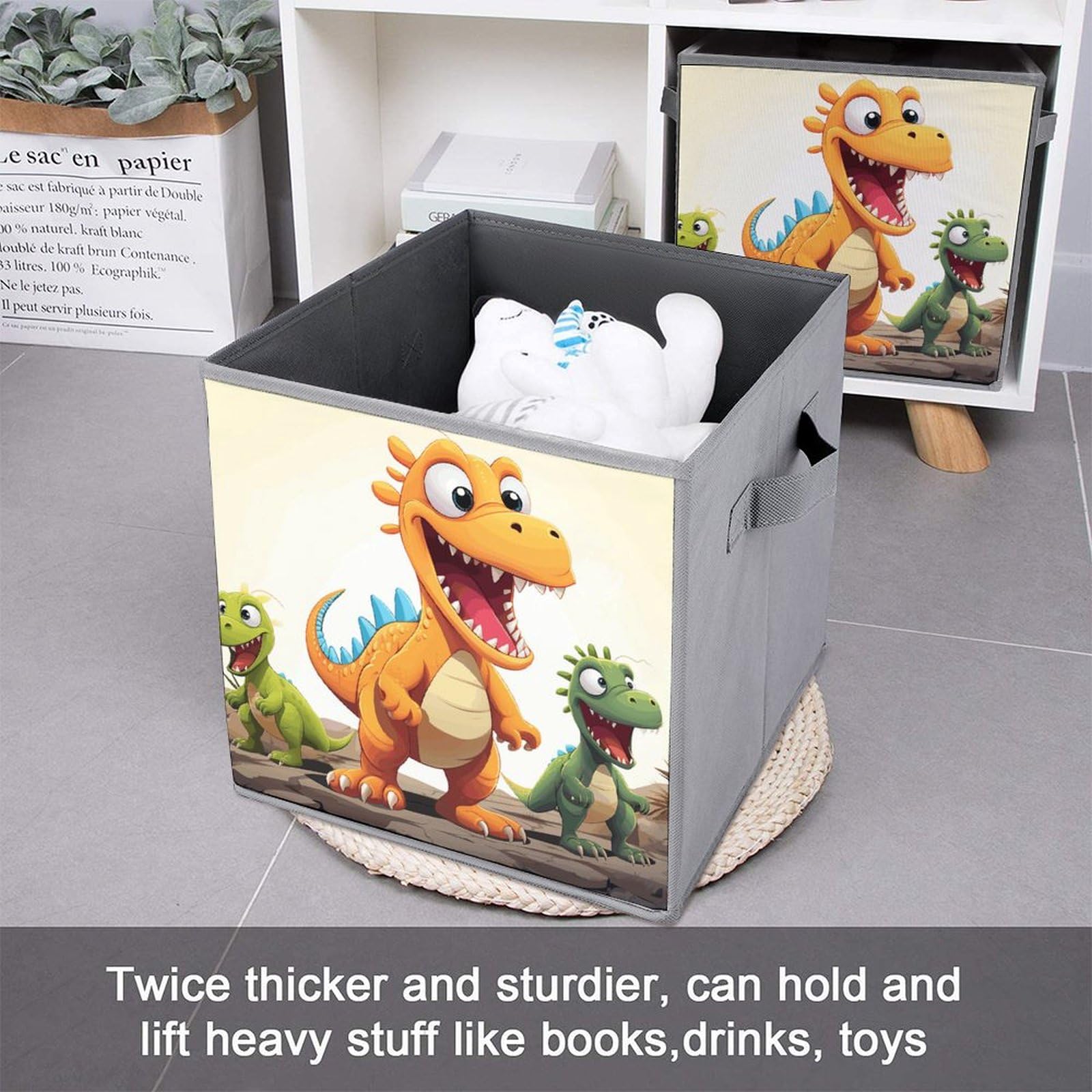 2PCS Foldable Storage Bins with Cartoon Dinosaur Print - Large Capacity Storage Boxes with Handles for Playroom, Office & Home Organization - Perfect for Kids' Toys, Books & Clutter Control