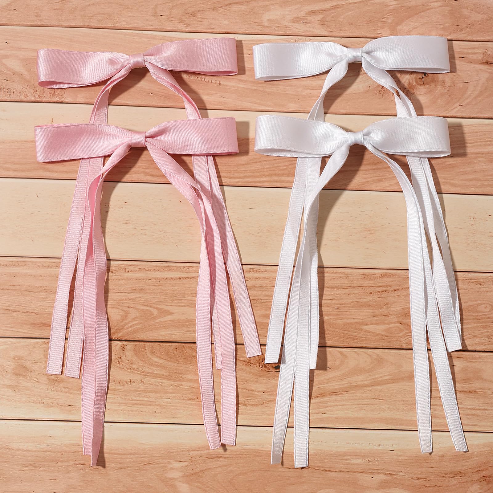 4pcs Tassel Ribbon Bowknot Hair Clips with Long Tails - Solid Claw Barrettes with Bows for Women & Girls Hair Accessories (Pink, White) - Perfect for Parties, Weddings & Daily Styling