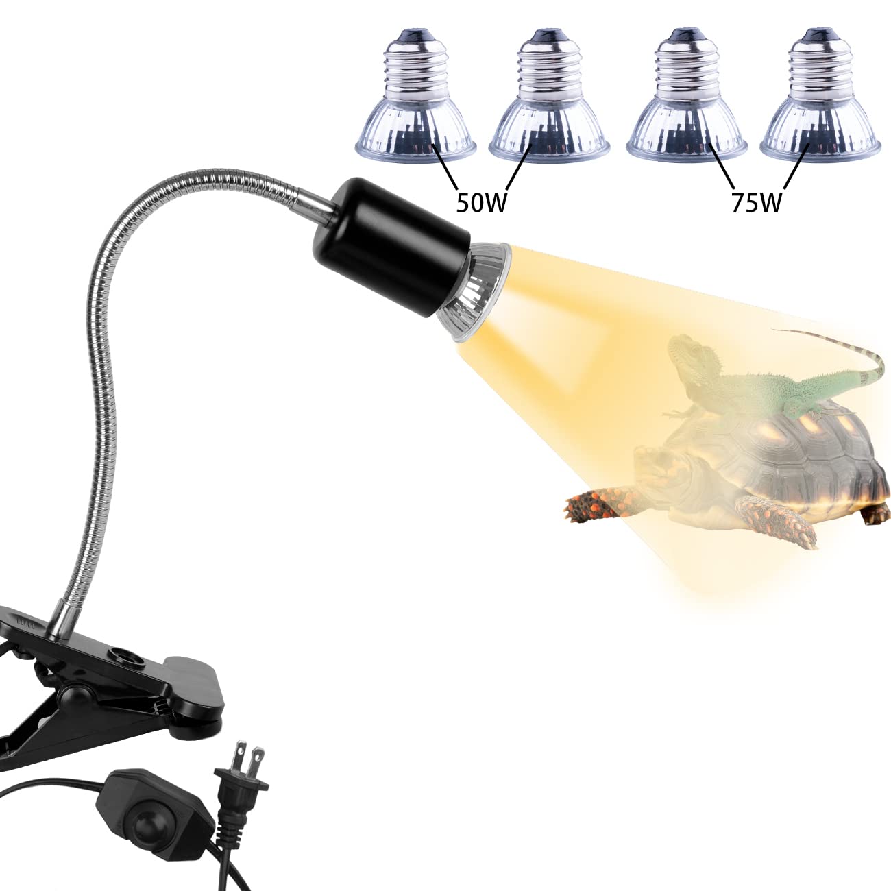 UVA UVB Reptile Heat Lamp - Adjustable Basking Spot Light with Timer & 360° Rotatable Hose for Turtles, Lizards, Snakes & Terrariums - Perfect for Desert & Tropical Reptile Habitats (Black)