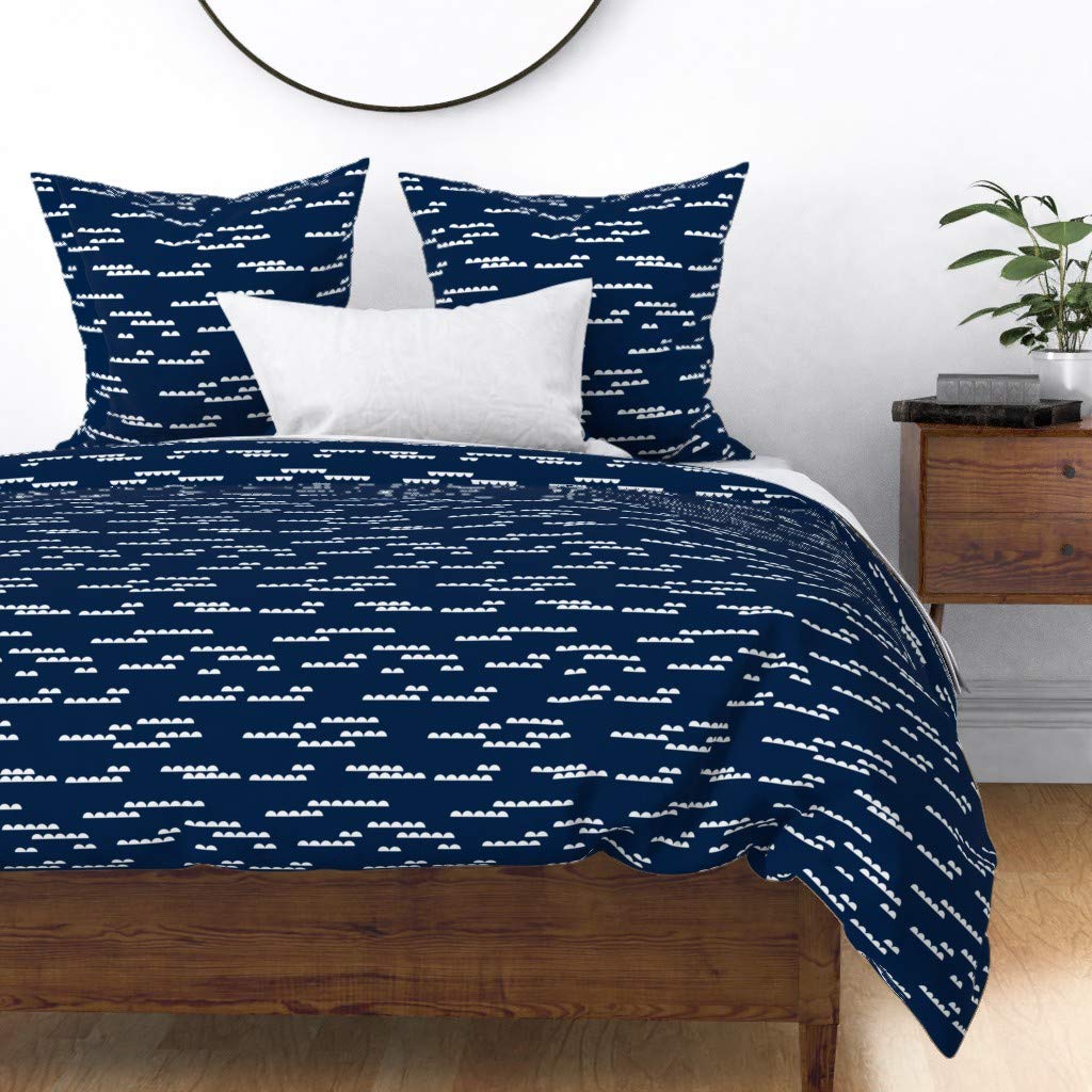 Custom Navy White Scallop Wave Ocean Print Cotton Sateen Duvet Cover - King/California King Size | Abstract Geometric Nursery Bedding for Boys & Girls | Perfect for Coastal, Boho & Modern Bedroom Decor
