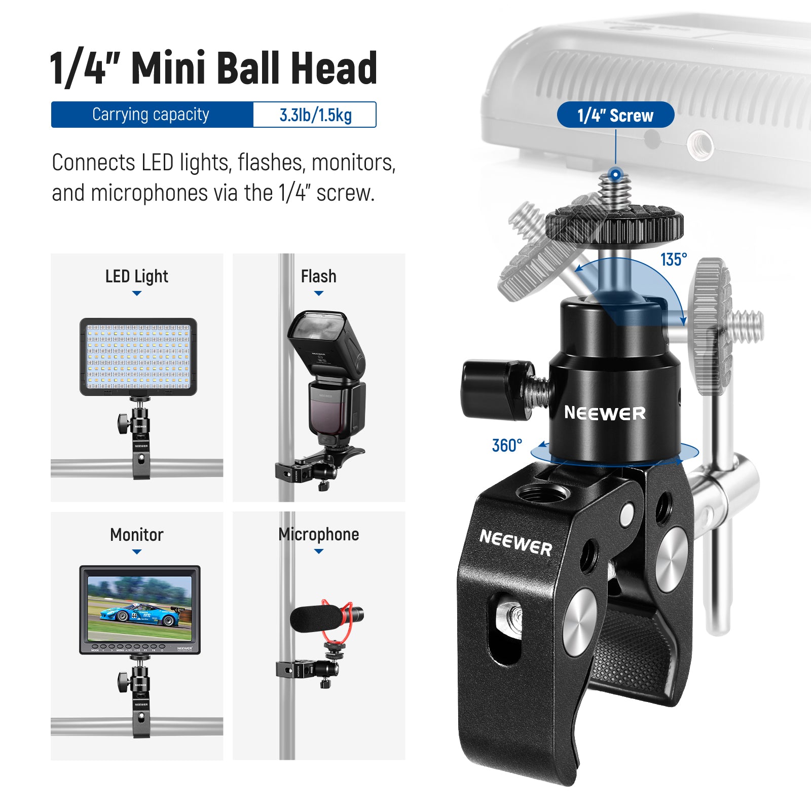 NEEWER ST48 Microphone Crab Clamp with Mini Ball Head - Adjustable Mic Stand Mount for Studio, Podcast, Streaming & Recording Equipment