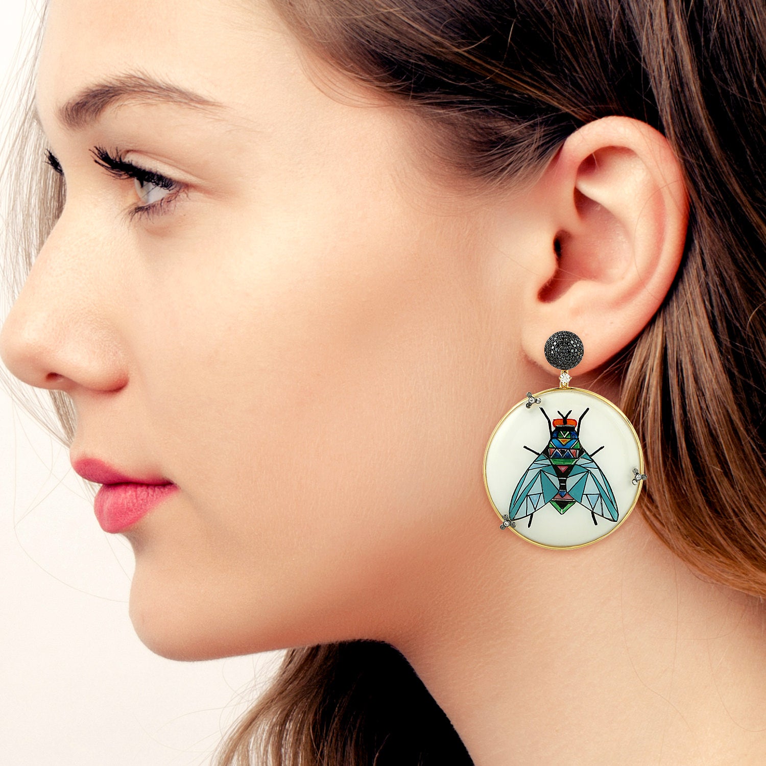 Black Diamond Bakelite Dangler Earrings - 18K Yellow Gold Enamel Jewelry for Women | Elegant Gift for Birthday, Anniversary & Special Occasions