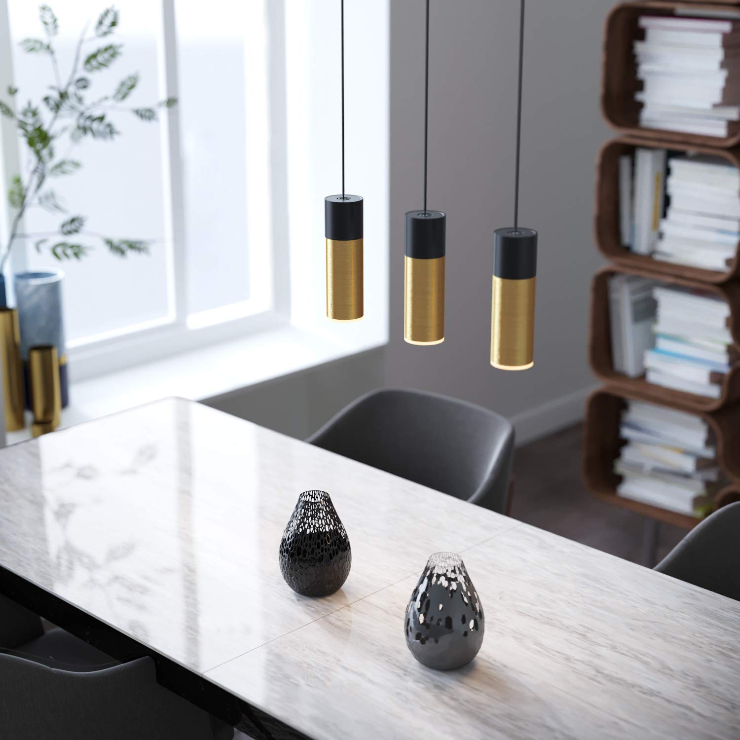 Vela 3 Mini Pendant Lighting Black-Brass - LED Hanging Light Fixture for Kitchen Island, Bar, Foyer - Cluster Pendants - Dimmable, Adjustable Wire, Lamp Bulb Included - Perfect for Modern Dining Room, Bedroom, or Office Lighting Decor