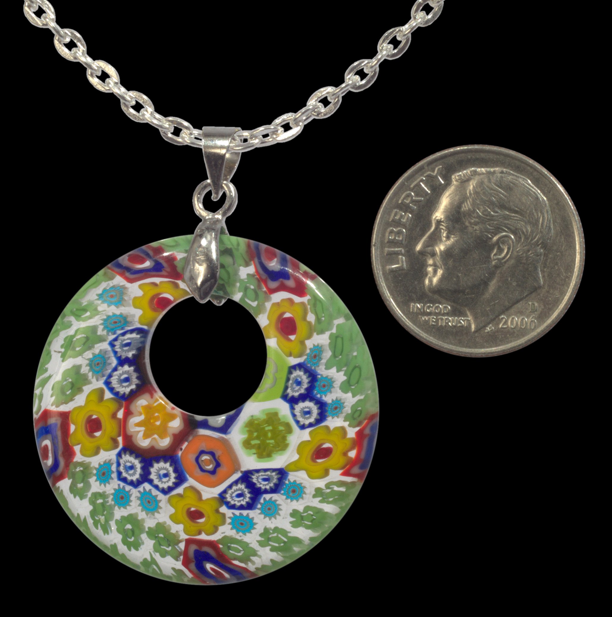 Unisex Millefiori Glass Donut Pendant Necklace with 20