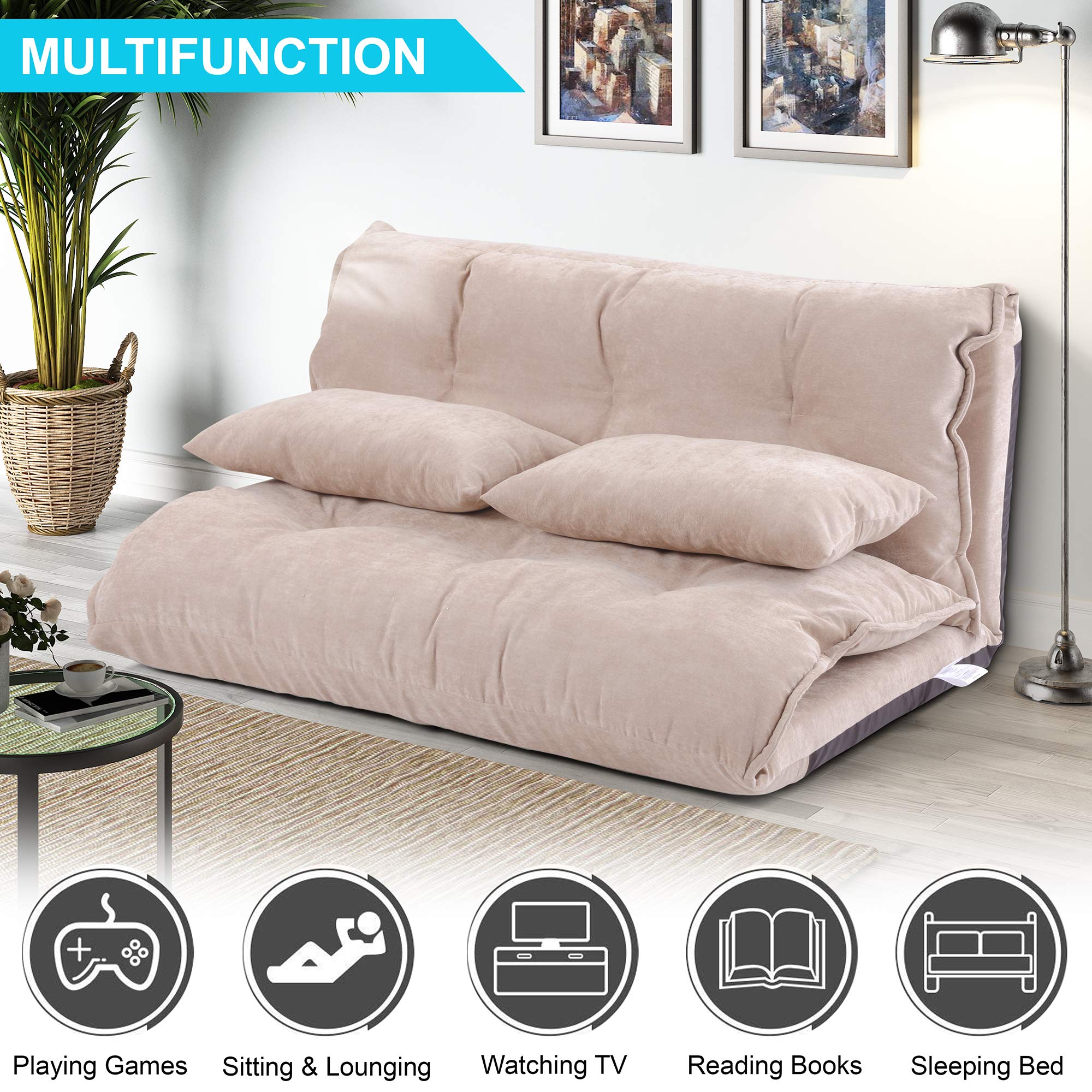 Adjustable Lazy Sofa Bed - Modern Floor Sofa for Gaming & Relaxation with 2 Pillows, Polyester Beige - Perfect for Living Room, Bedroom & Small Spaces