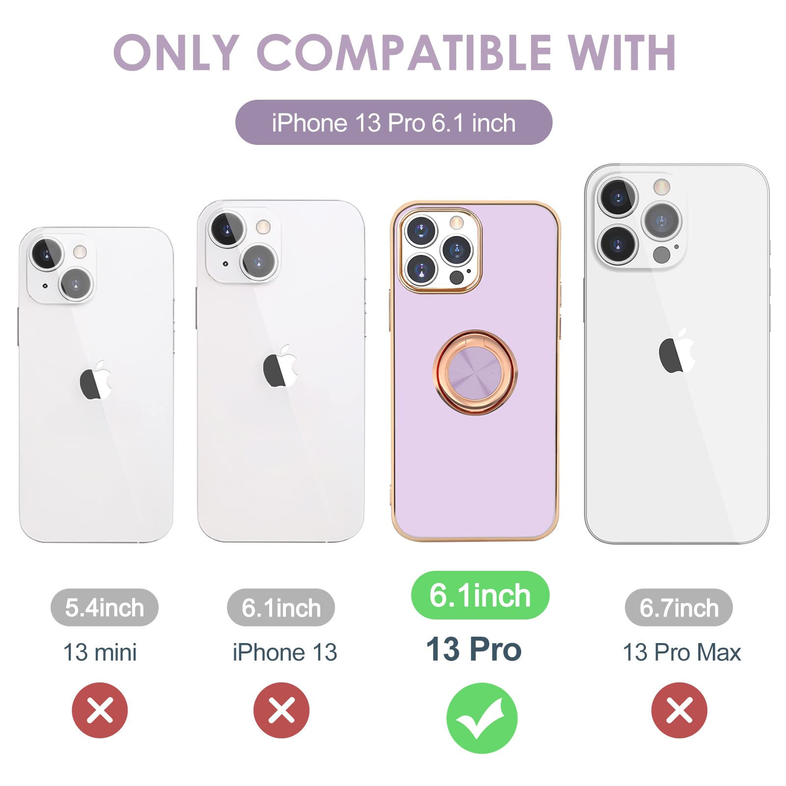 Hython Magnetic iPhone 13 Pro Case with 360° Rotatable Ring Stand & Kickstand - Rose Gold Plated Edge, Slim Soft TPU Luxury Phone Cover (Purple) - Perfect for Car Mounting, Hands-Free Viewing & Daily Protection