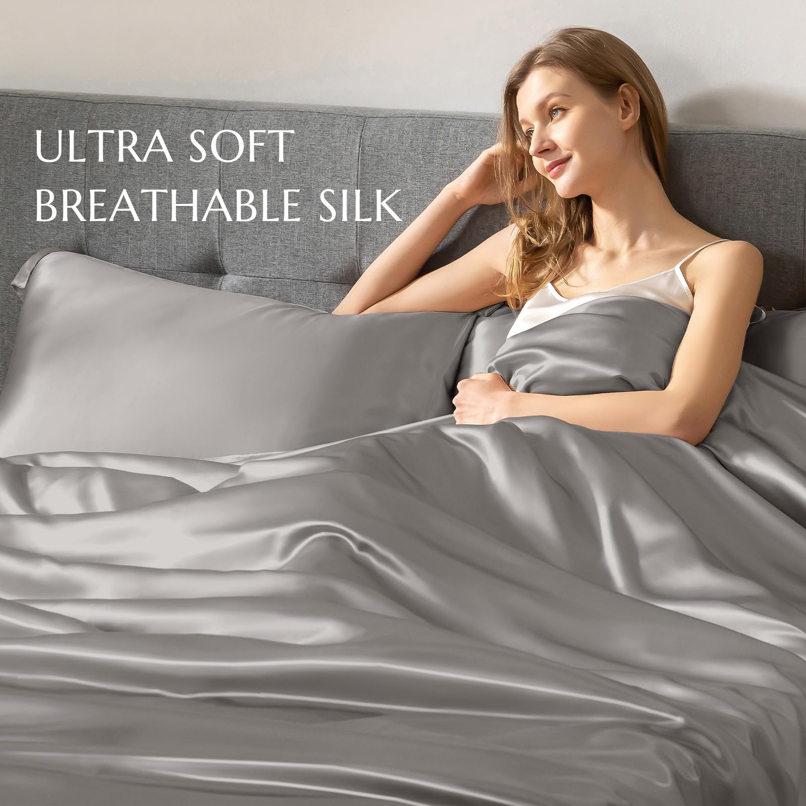 THXSILK 100% 7A+ Mulberry Silk Duvet Cover - Seamless, Breathable, Easy Care with Zipper Closure (Twin Size, Grey) | Luxury Bedding for Better Sleep & Skin Care