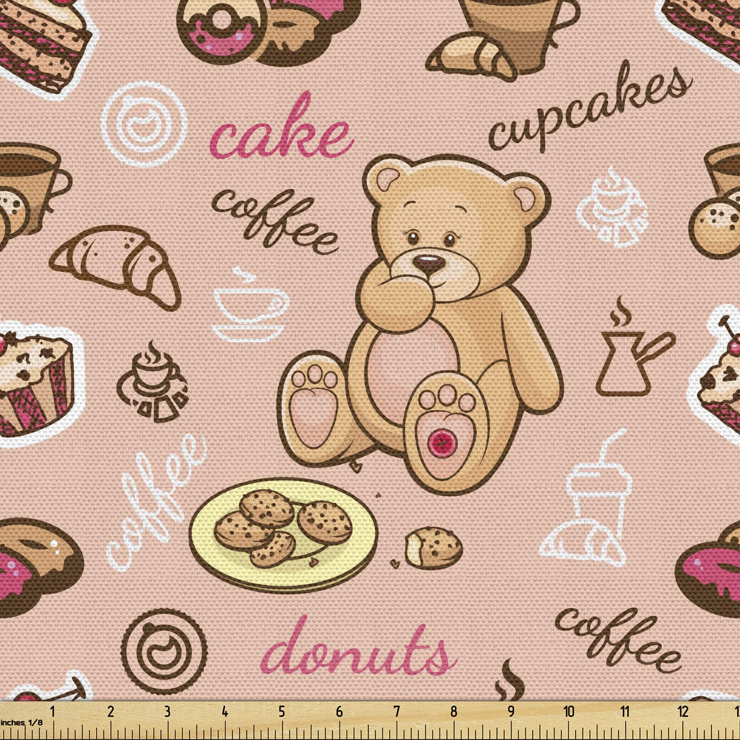 Ambesonne Dessert Fabric by The Yard - Teddy Bear Cupcakes Cookies Donuts Cakes Playroom Cartoon Print | Decorative Upholstery Fabric for Home Decor, DIY Projects & Crafting | 10 Yards, Brown Coral | Perfect for Kids' Rooms, Throw Pillows & Table Runners