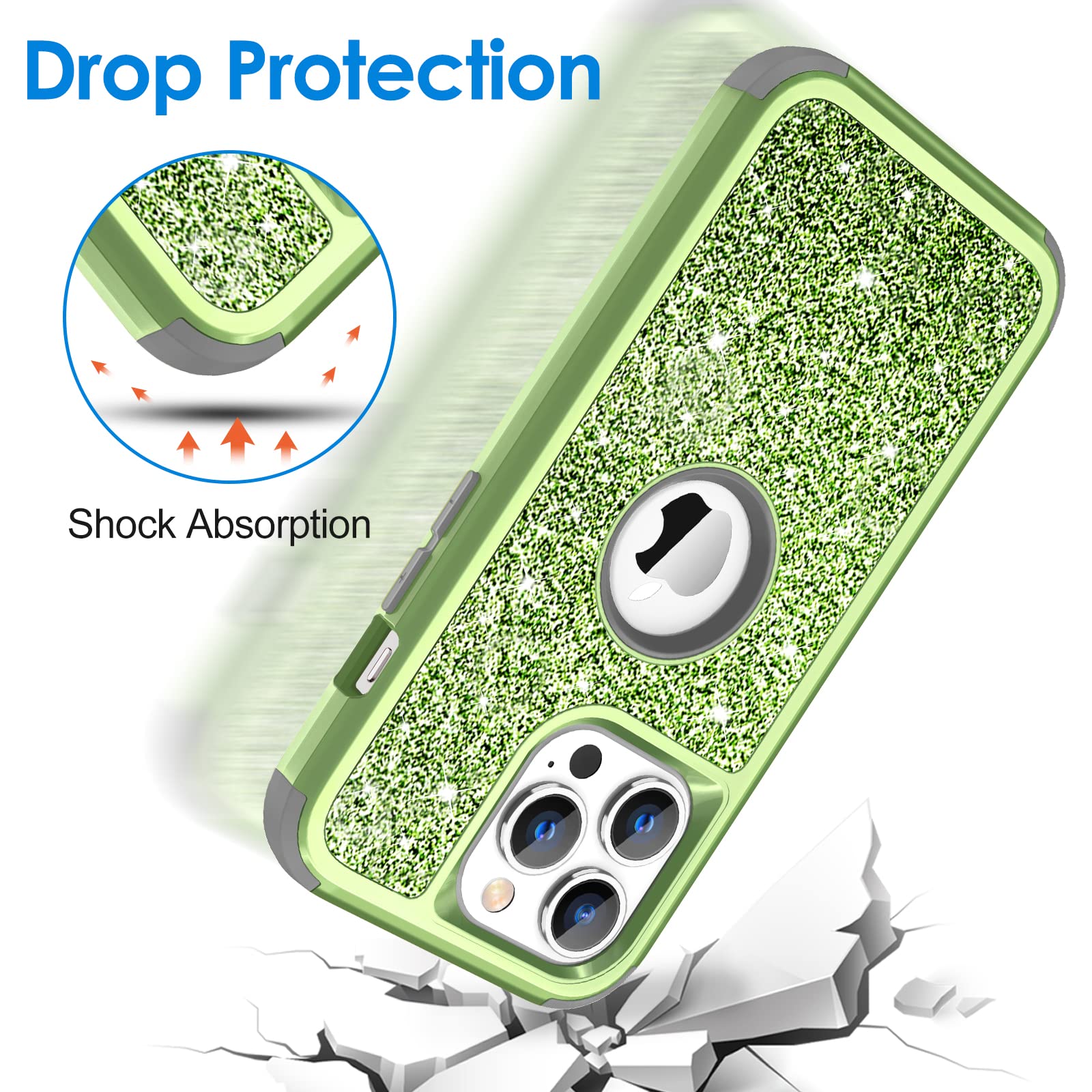 Hython Glitter iPhone 13 Pro Max Case - Cute Shiny Bling Sparkle Cover, 3-in-1 Hybrid Hard PC & Soft TPU Bumper with Full Body Shockproof Protection for Women & Girls (Green) - Perfect for Everyday Use, Parties, and Gift Giving