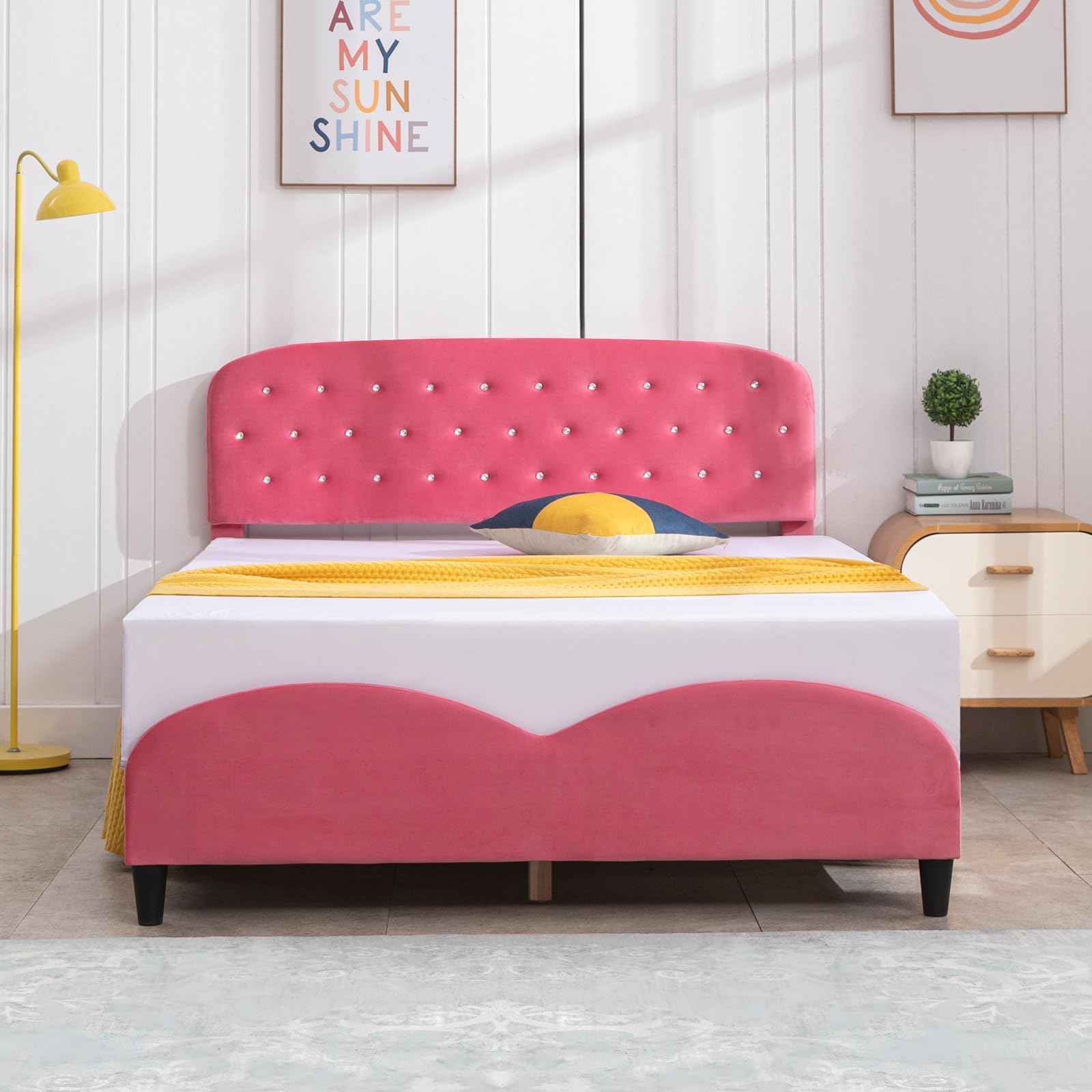 ZAFLY Full Size Bed Frame for Kids - Pink Princess Bed with Cushioned Headboard & Wooden Slats, Sturdy Girls Bed Frame for Deep Sleep | Perfect for Bedrooms, Playrooms & Sleepovers (Diamond Design)