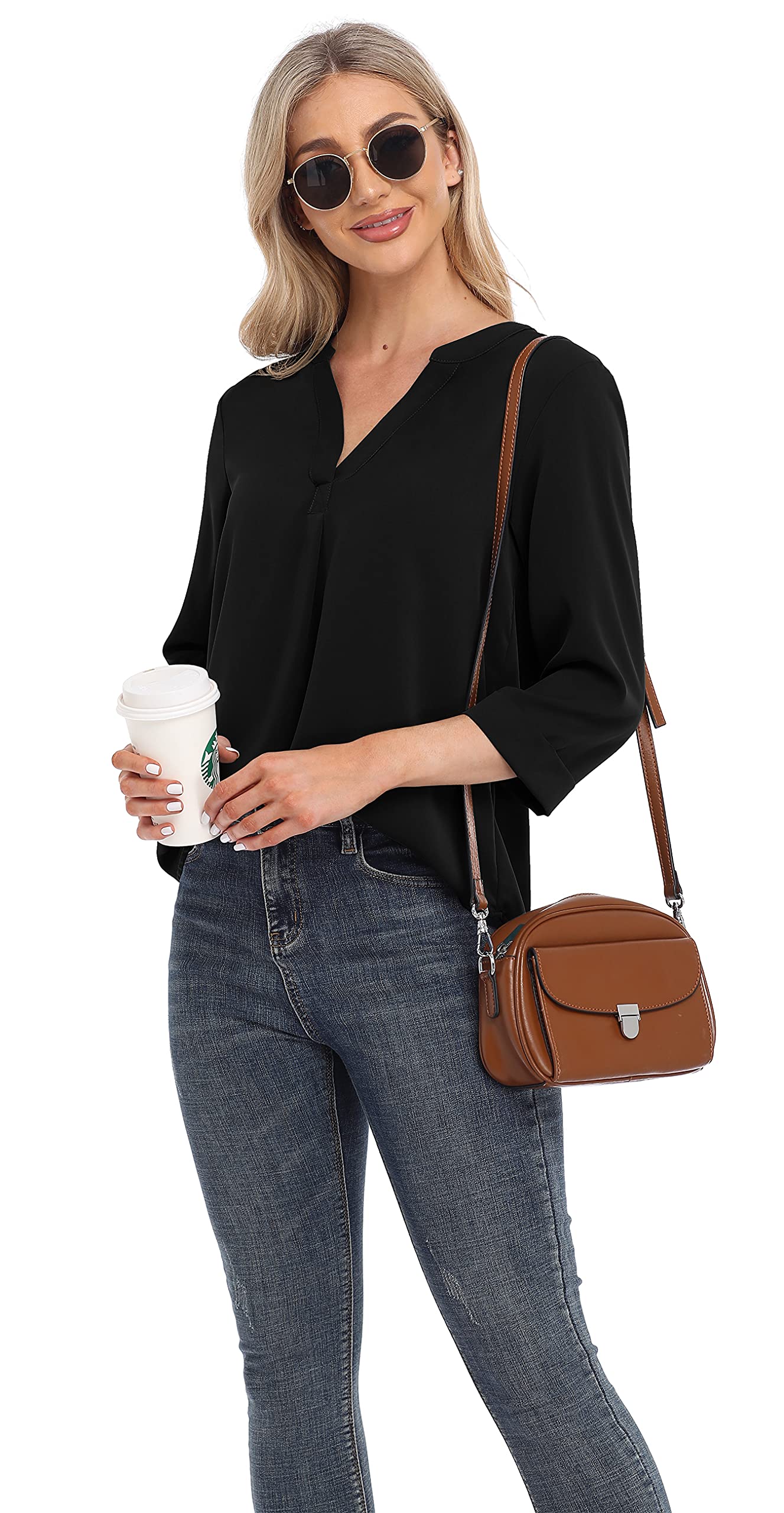 VIISHOW Women's Casual Chiffon Blouse - 3/4 Sleeve V-Neck Tunic Top Loose Shirt for Work & Everyday Wear | Summer Office & Weekend Outfit
