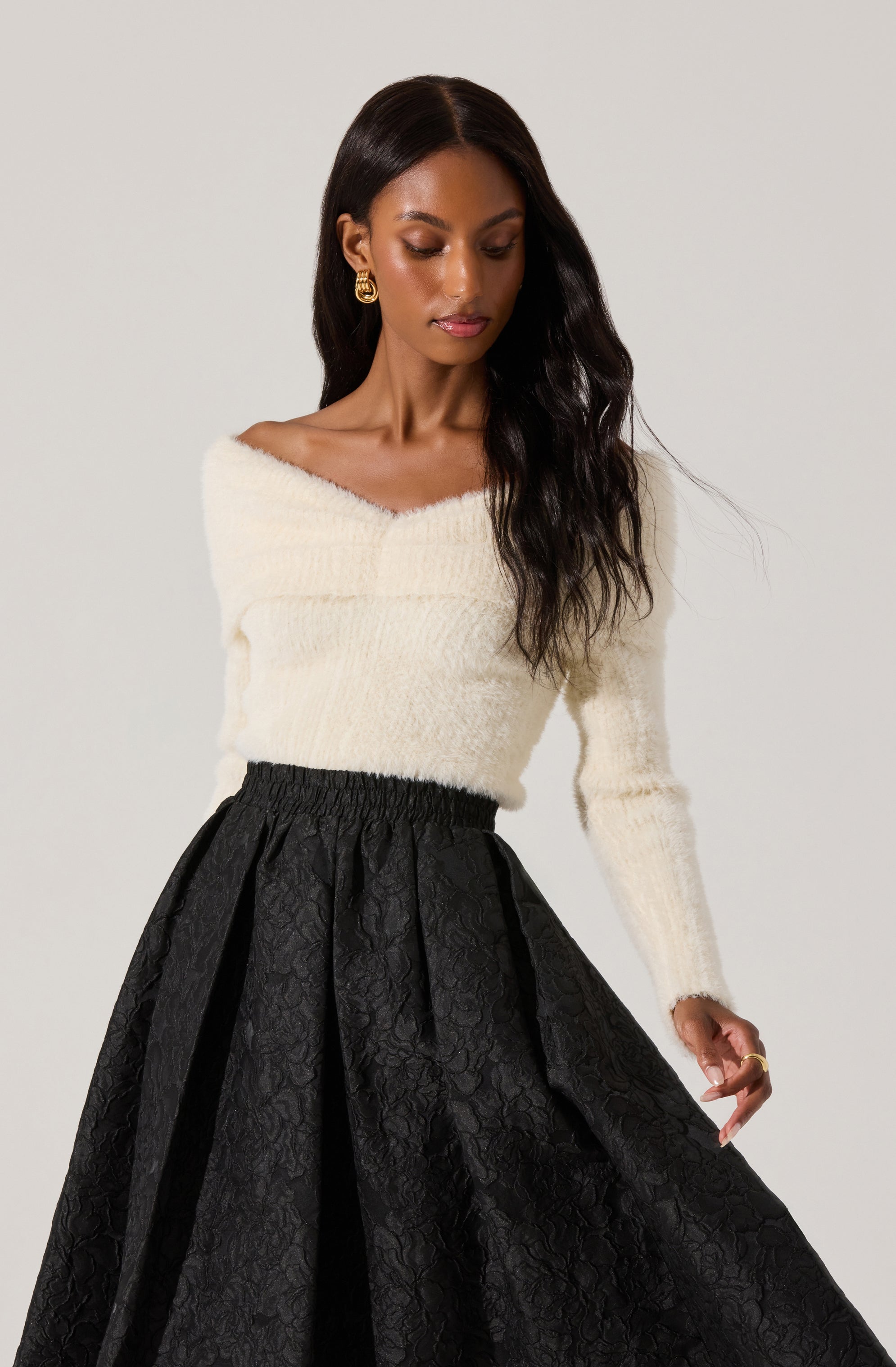 Cozy Fuzzy Knit Off Shoulder Sweater for Women - Soft Winter Pullover Casual Loungewear for Date Night & Coffee Dates