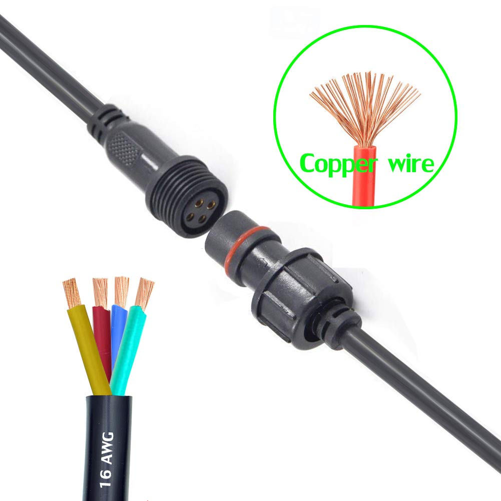 4-Pin Waterproof Connector 16AWG Male Female Plug for LED Strips - IP68 Rated, 20CM Extension Cable - Indoor/Outdoor Use for Landscape Lighting, Signage & Automotive Applications (5 Pairs)