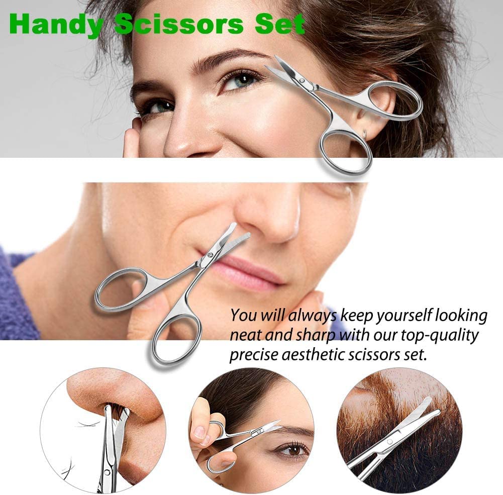 Professional Nose Hair & Eyebrow Scissors Set - Stainless Steel Facial Hair Trimmer with Straight & Rounded Tips for Ear Hair, Mustache, Beard Grooming - Includes Nail File - Perfect for Men's Grooming Kit & Travel Essentials