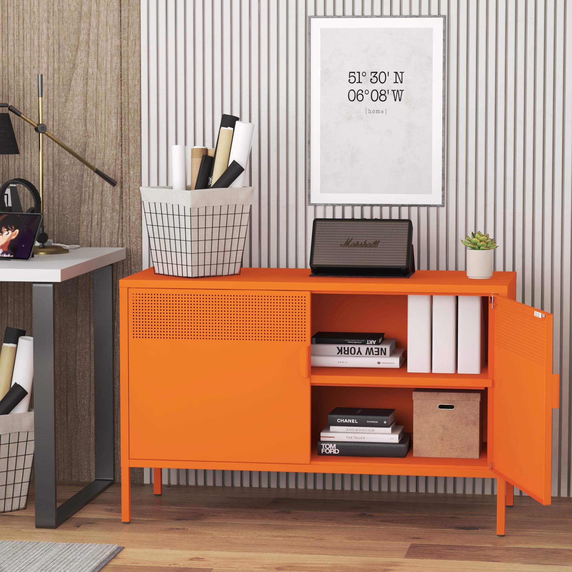 Orange Wide Metal Locker Storage Cabinet - 2 Door Industrial Style Cabinet for Home & Office Organization - 2 Tier Low Profile Metal Cabinet with Adjustable Shelf - Perfect as TV Stand, Entryway Storage or Dorm Room Furniture