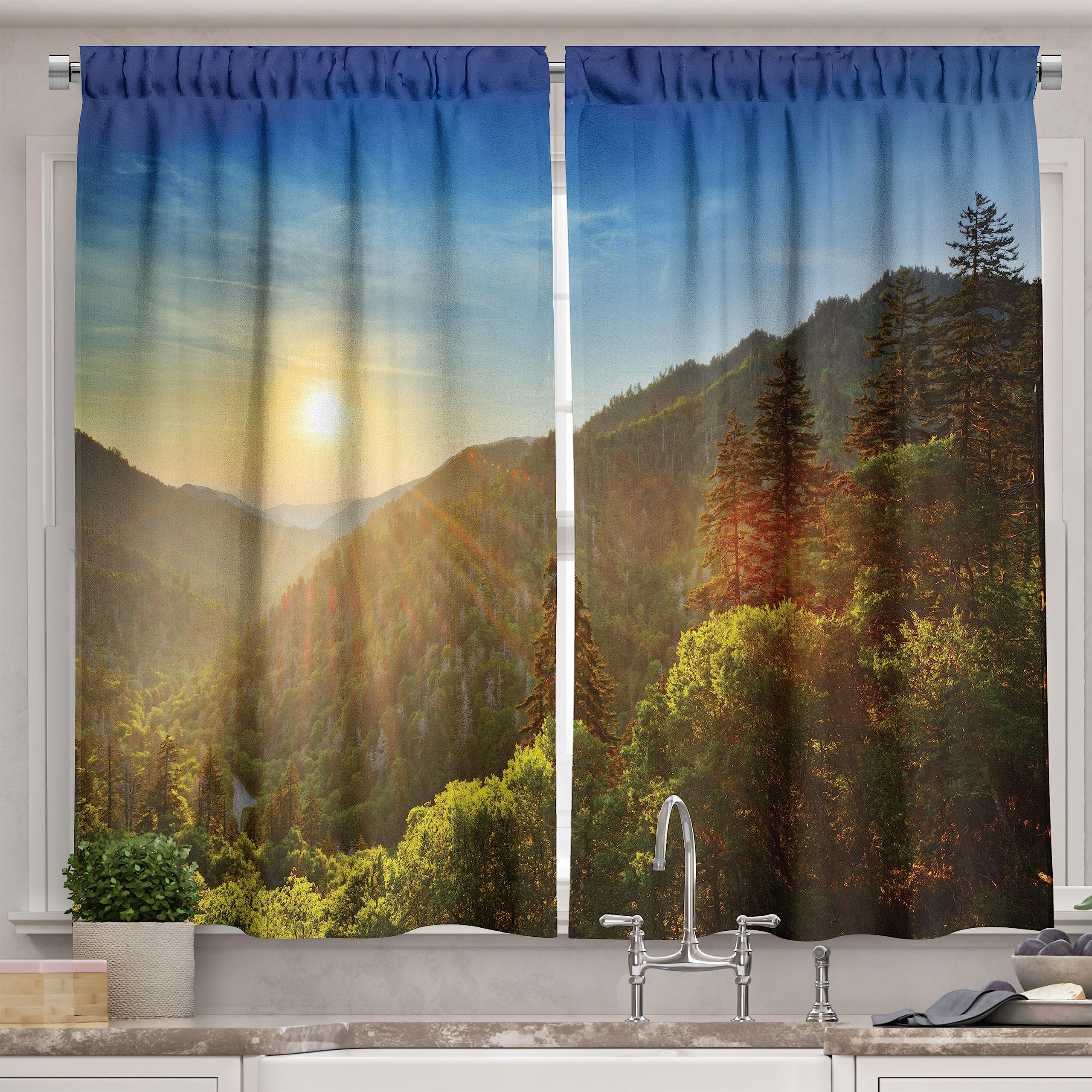 Ambesonne Appalachian Kitchen Curtains - Smoky Mountains Sunset at Newfound Gap Outdoor Scene Photo Print, 2 Panel Set for Kitchen & Cafe Decor, 55
