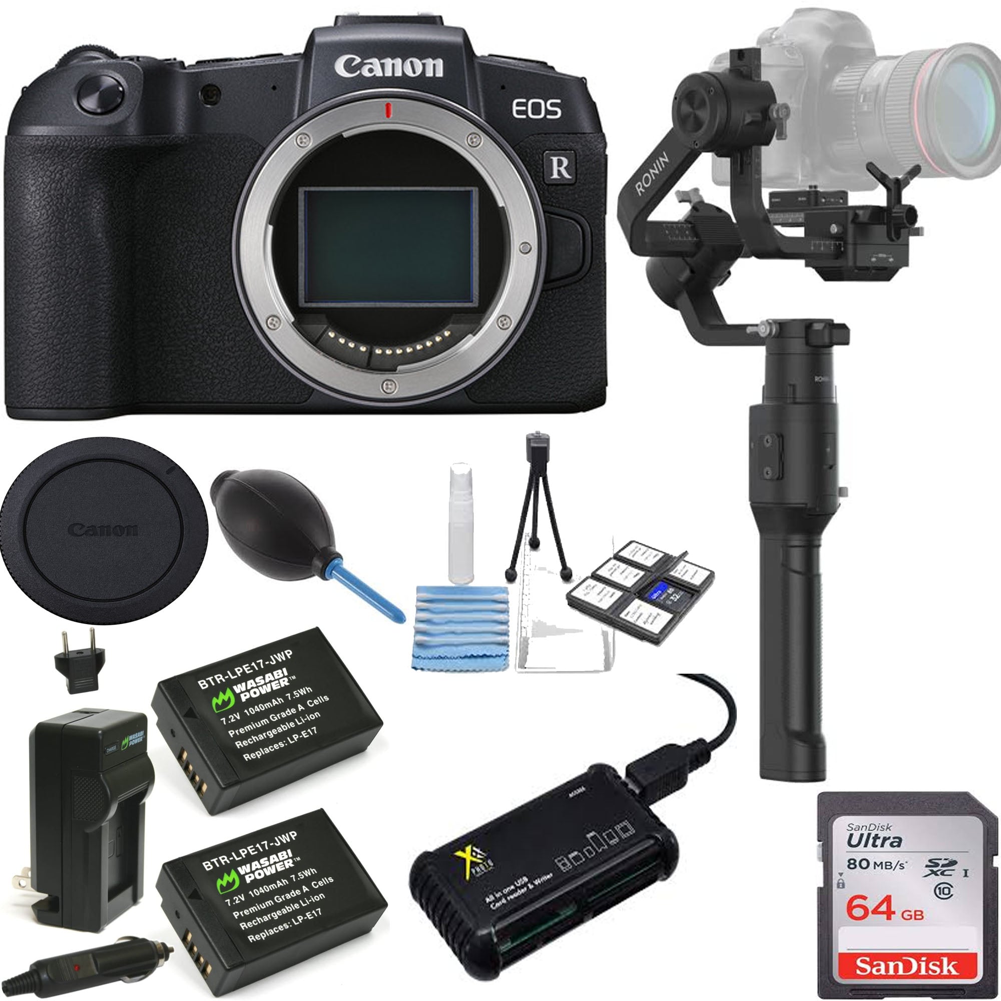 Canon EOS RP Full Frame Mirrorless Digital Camera Body with DJI Ronin S Gimbal Stabilizer Kit - 64GB Memory Card, Card Reader, Extra Battery & Charger Bundle for Vlogging, Photography & Travel Filmmaking